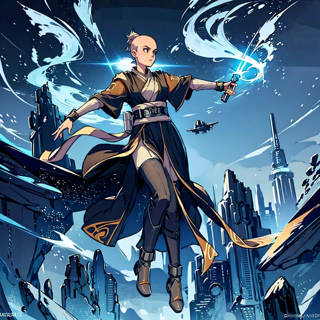 1girl, solo, bald, bald head, flying, floating in the air, dynamic pose, arms outstretched, wearing jedi robes, jedi outfit, white background, simple background