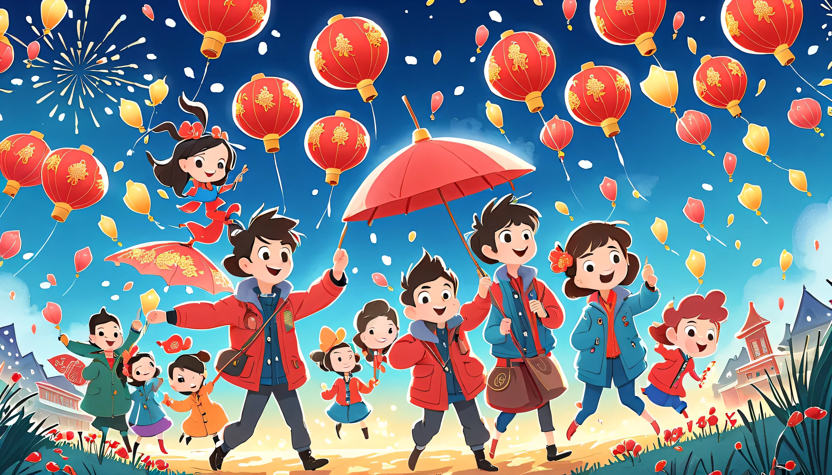 (Tim Burton style)，(Illustration captures the essence of Chinese New Year)，(Modern town:1.2), ((Lanterns and festoons))，It's snowing，In the joyful atmosphere of the Spring Festival，(5 ren in down jackets set off firecrackers and fireworks:1.3)，(There are many fireworks in the sky:1.2)，The picture is beautiful，(Detailed and vivid ren&#39;s hand-drawn illustrations)，Show character expressions, (nsfw)