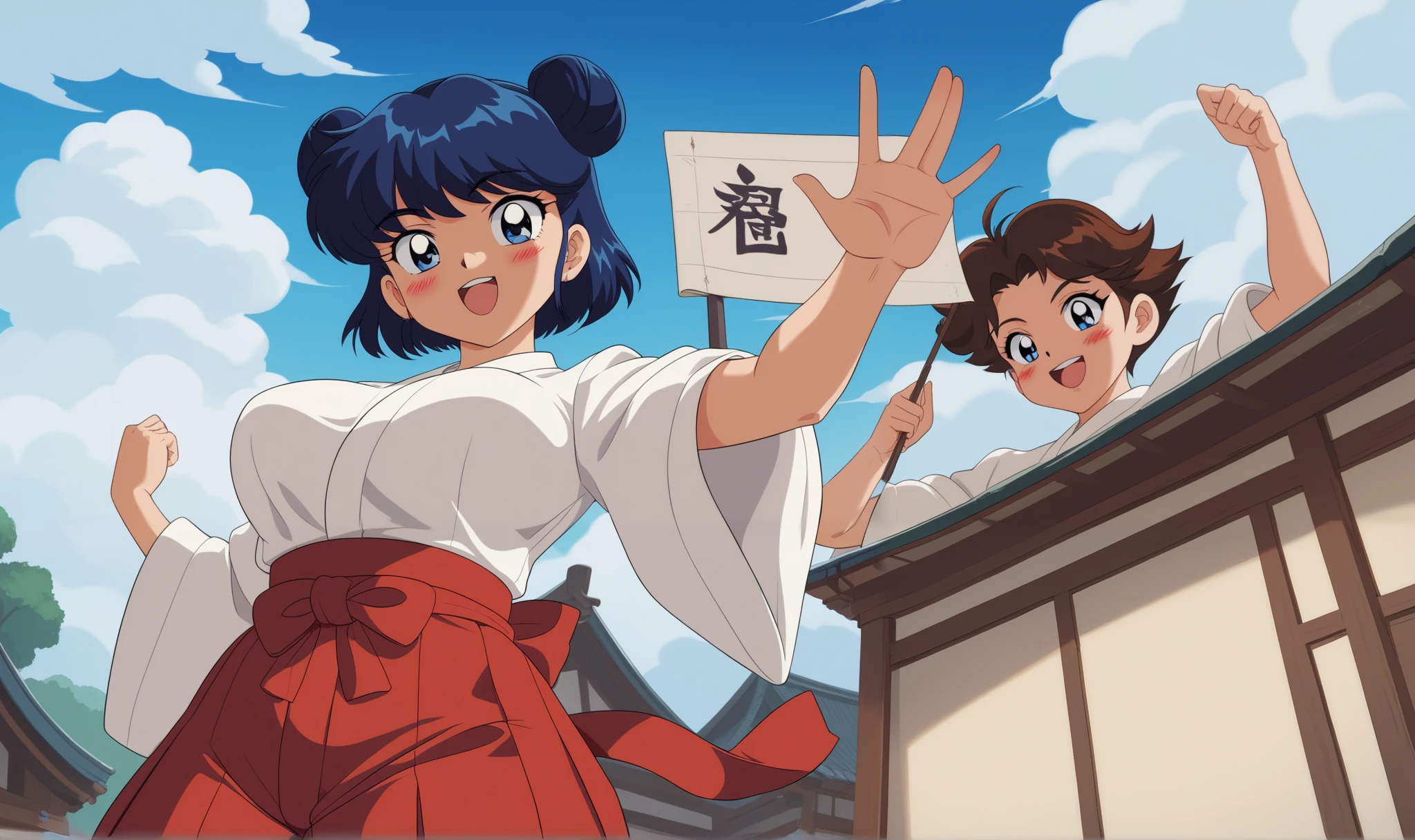 Young woman drawn in 80’s anime art style. 
Retro anime. Vintage Anime. Classical Anime. 
Black Blue HAIR
Cone Hair Bun Hair
She has perfectly Round and Circle eyes. 
Blue eyes and Medium Sized Eyebrows. 
She is Tan Woman.
She has Medium Breast
Small blush on cheek.
She is wearing a japanese Hakama uniform. 
The outfit is specifically a Furisode-style.
Hakama is (White and Red)
The Hakama is White Top & Red (Pants) Bottom
Hakama are secured by four straps (do): two longer do attached on either side of the front of the garment, and two shorter do attached on either side of the rear. 
The rear of the garment may have a rigid trapezoidal section, called a koshi-ita (Waistboard)
Below that on the inside, there may be a hakama-dome (hakama stop) which is tucked into the obi or do at the rear, and helps to keep the hakama in place.

(Cloudy) (Sky) (Raindrops) (Rainy Sky)

(View from the School)

