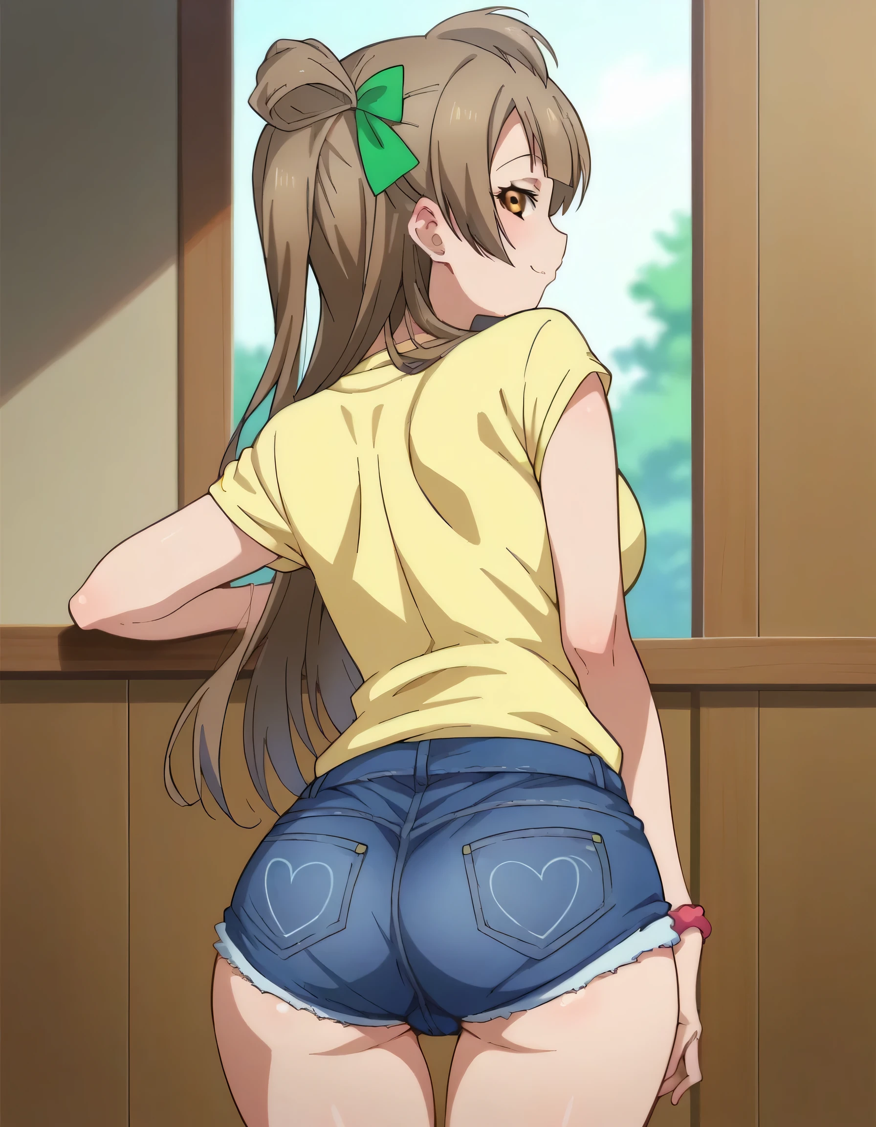 score_9, score_8_up, score_7_up, source_anime,
kotoriminami, kotori minami, brown hair, brown eyes, one side up, hair ribbon,Short denim shorts, from the back showing ass with a naughty face, big breasts