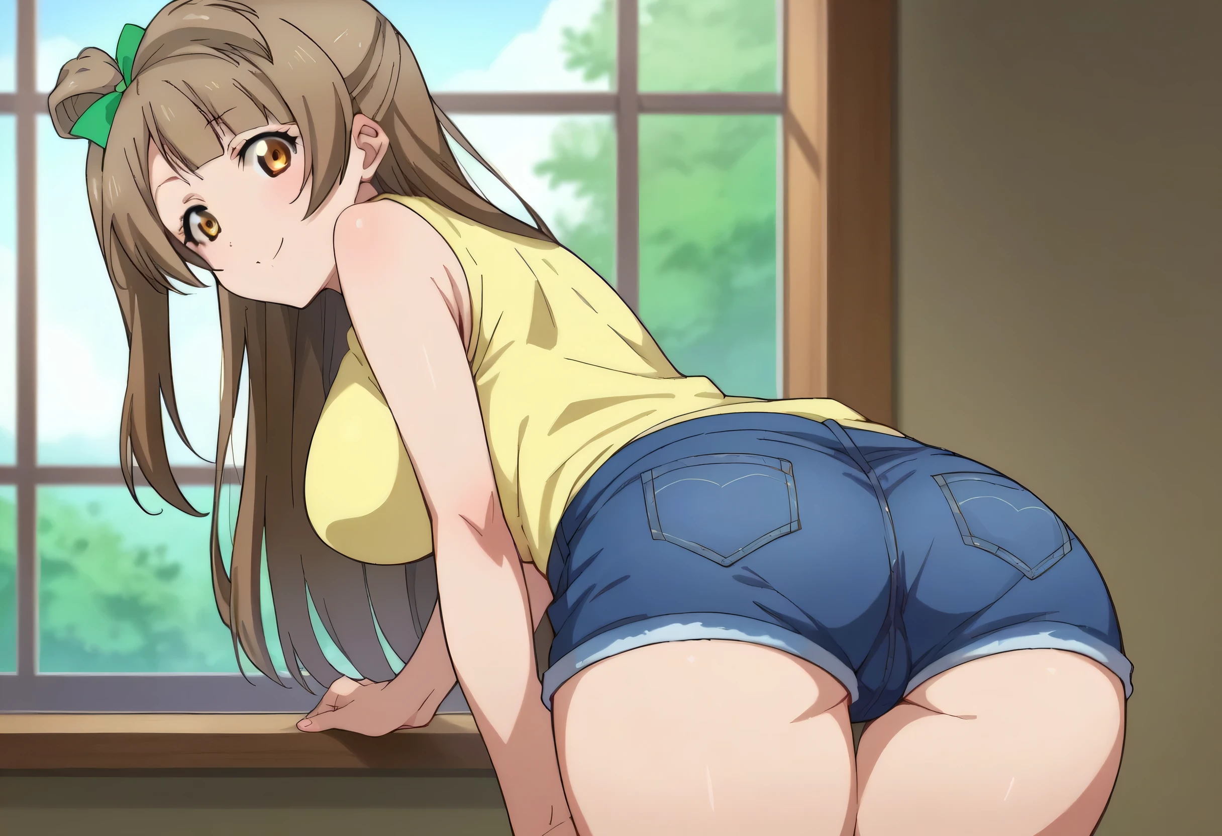 score_9, score_8_up, score_7_up, source_anime, kotoriminami, kotori minami, brown hair, brown eyes, one side up, hair ribbon,Short denim shorts, from the back showing ass with a naughty face, big breasts