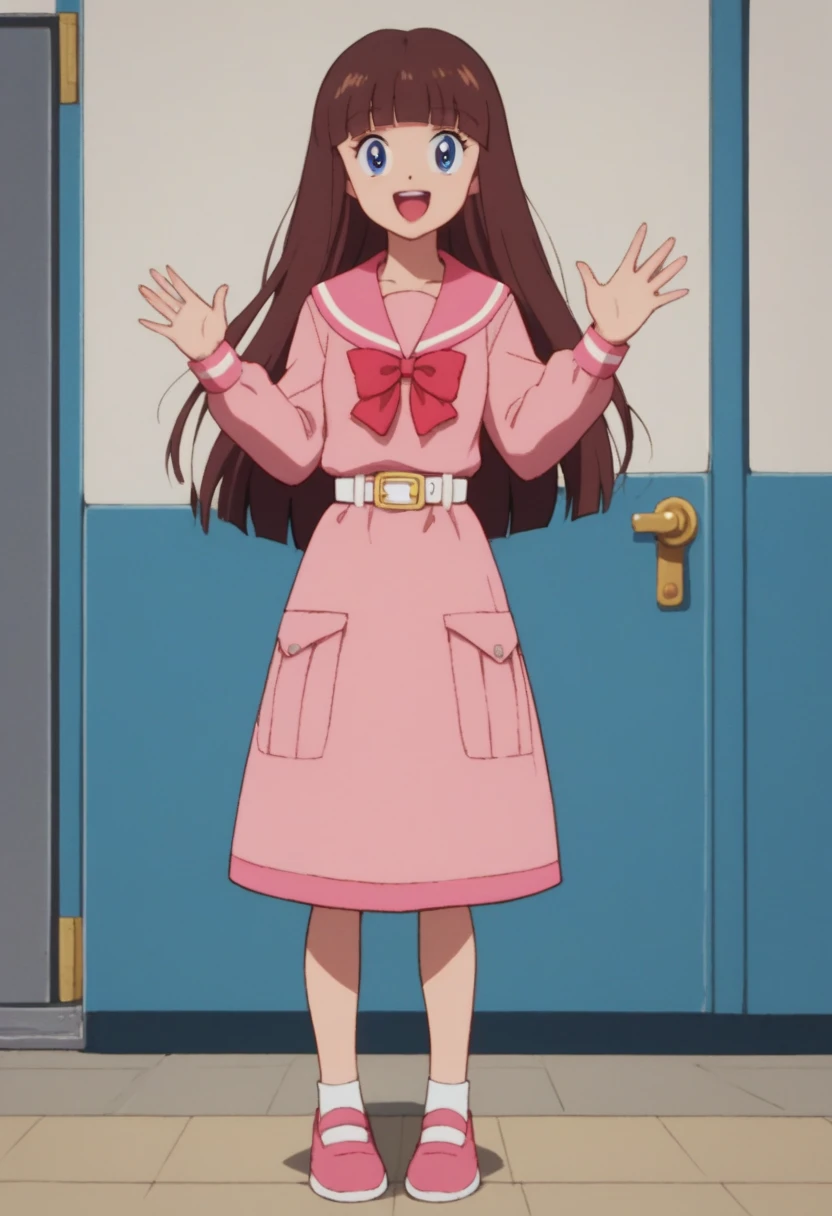 Bee and Puppycat Style, flat colors, retro art style, 1girl, solo, long hair, looking at viewer, skirt, brown hair, shirt, very long hair, white shirt, short sleeves, looking back, from behind, black eyes, sparkle, red skirt, <lora:Bee_n_Puppycat:0.8>