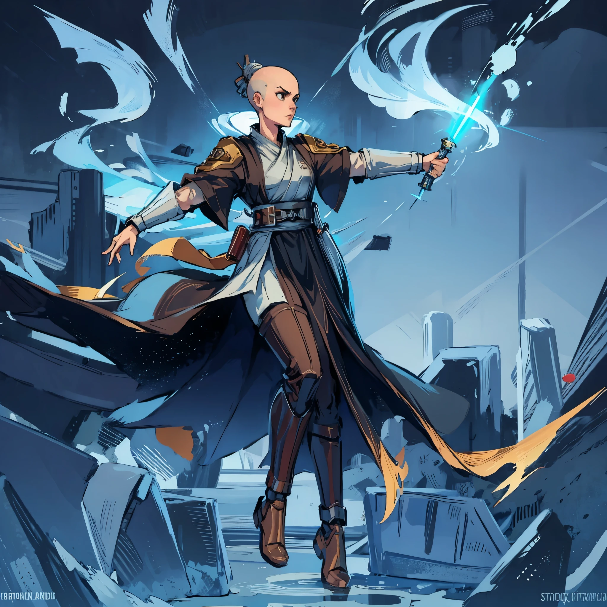 1girl, solo, bald, bald head, flying, floating in the air, dynamic pose, arms outstretched, wearing jedi robes, jedi outfit, white background, simple background