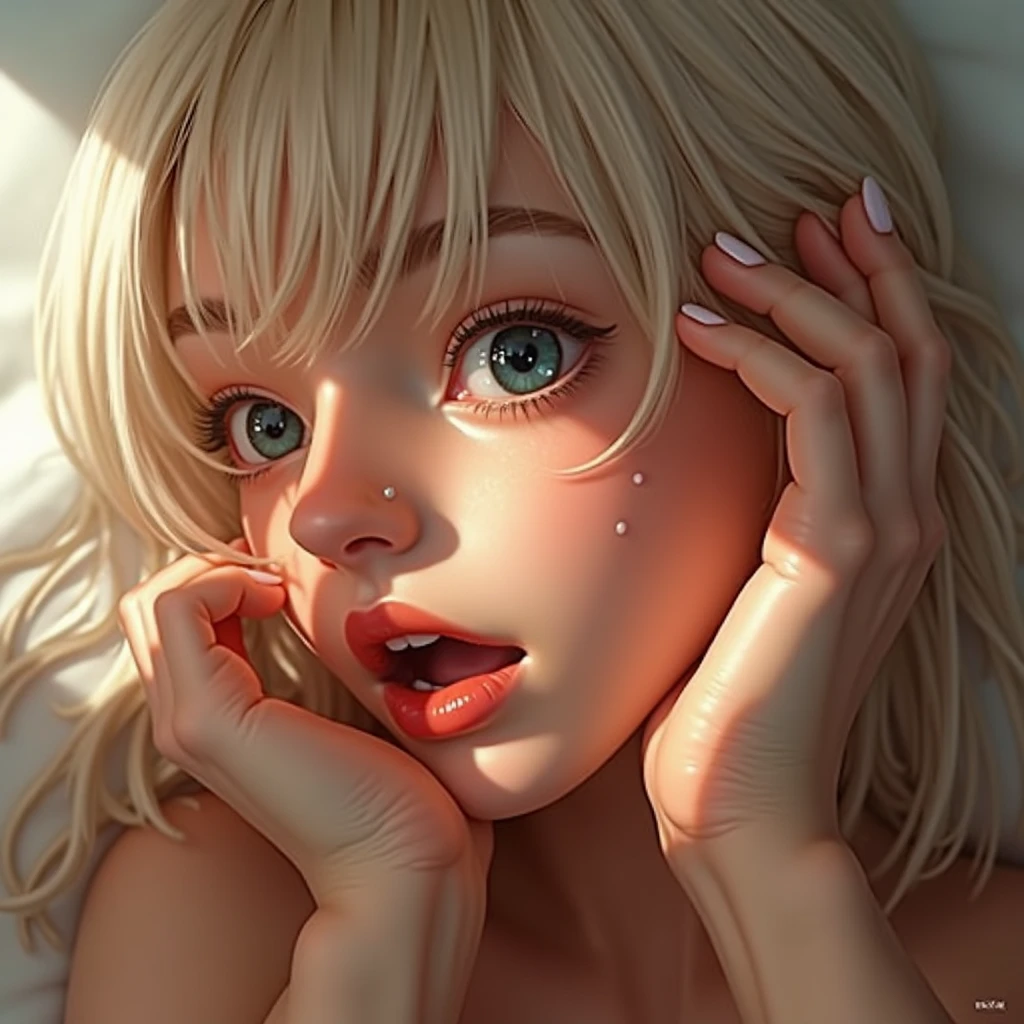 cinematic scene - extreme close up: girl with short blond hair is screaming, eyes wide in pain, lying on back, on a bed, looking at the ceiling, crying, wearing a tiny white bikini top