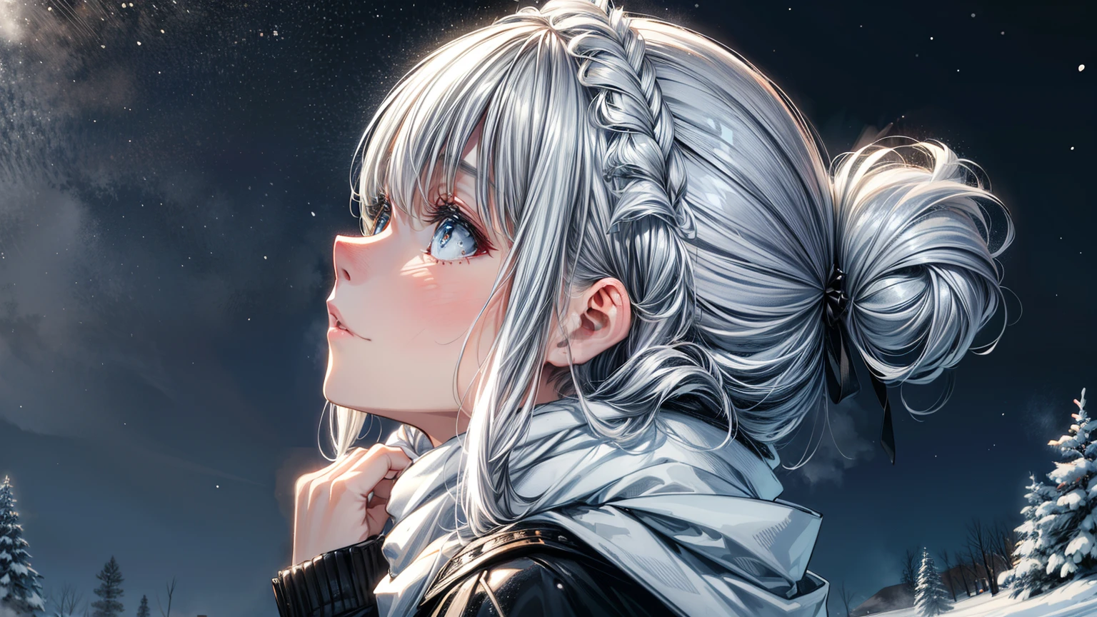 (best quality,4k,8k,highres,masterpiece:1.2, beautiful girl, detailed face, beautiful eyes, detailed eyes),ultra-detailed,white hair,scarf,snow,portrait,icy blue,soft illumination,crisp shadows, winter,serene expression,magical solitude,vivid colors,subtle gradients,fine brushstrokes, ((winter wonderland background, falling snow, night time)), (((she is staring up at the sky, side profile, faraway shot)))