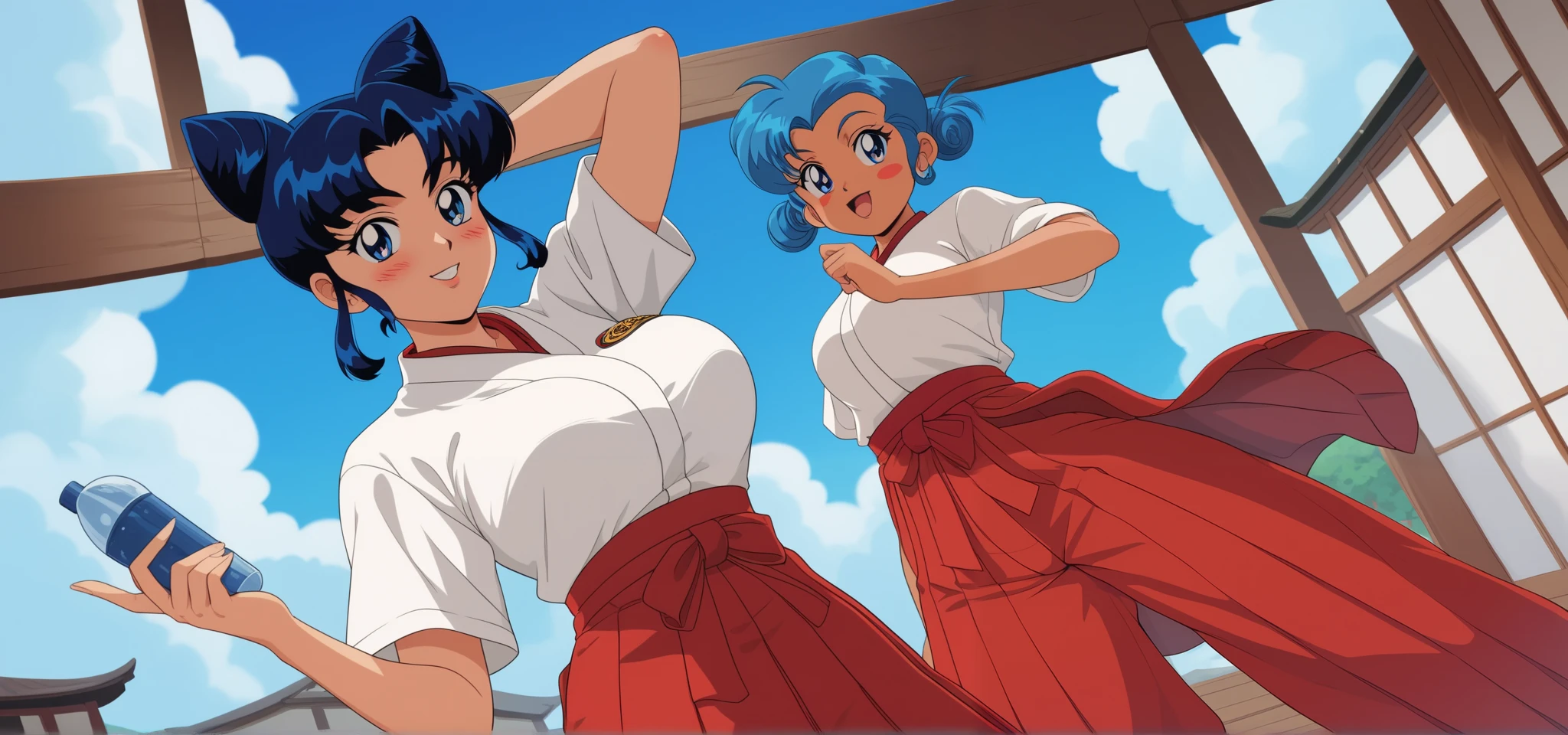 Young woman drawn in 80’s anime art style. 
Retro anime. Vintage Anime. Classical Anime. 
Black Blue HAIR
Cone Hair Bun Hair
She has perfectly Round and Circle eyes. 
Blue eyes and Medium Sized Eyebrows. 
She is Tan Woman.
She has Medium Breast
Small blush on cheek.
She is wearing a japanese Hakama uniform. 
The outfit is specifically a Furisode-style.
Hakama is (White and Red)
The Hakama is White Top & Red (Pants) Bottom
Hakama are secured by four straps (do): two longer do attached on either side of the front of the garment, and two shorter do attached on either side of the rear. 
The rear of the garment may have a rigid trapezoidal section, called a koshi-ita (Waistboard)
Below that on the inside, there may be a hakama-dome (hakama stop) which is tucked into the obi or do at the rear, and helps to keep the hakama in place.

(Cloudy) (Sky) (Raindrops) (Rainy Sky)

(View from the School)

