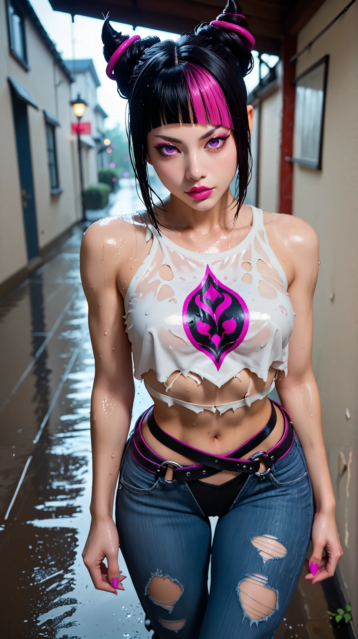 score_9, score_8_above, score_7_above, score_6_above, score_5_above, score_4_above, Alone, 1 , juri han, purple eyes, black hair, fringe, hair horns, multicolored hair,hair marked , makeabove, lipstick, wearing a pink and white tank top with skulls, Wet tank top , diaphragm, ripped jeans, black panties, Walking in the rain, rain, Walking, exceptionally beautiful , very sexy and toned body , narrow waist, low angle Dutch angle , park background.