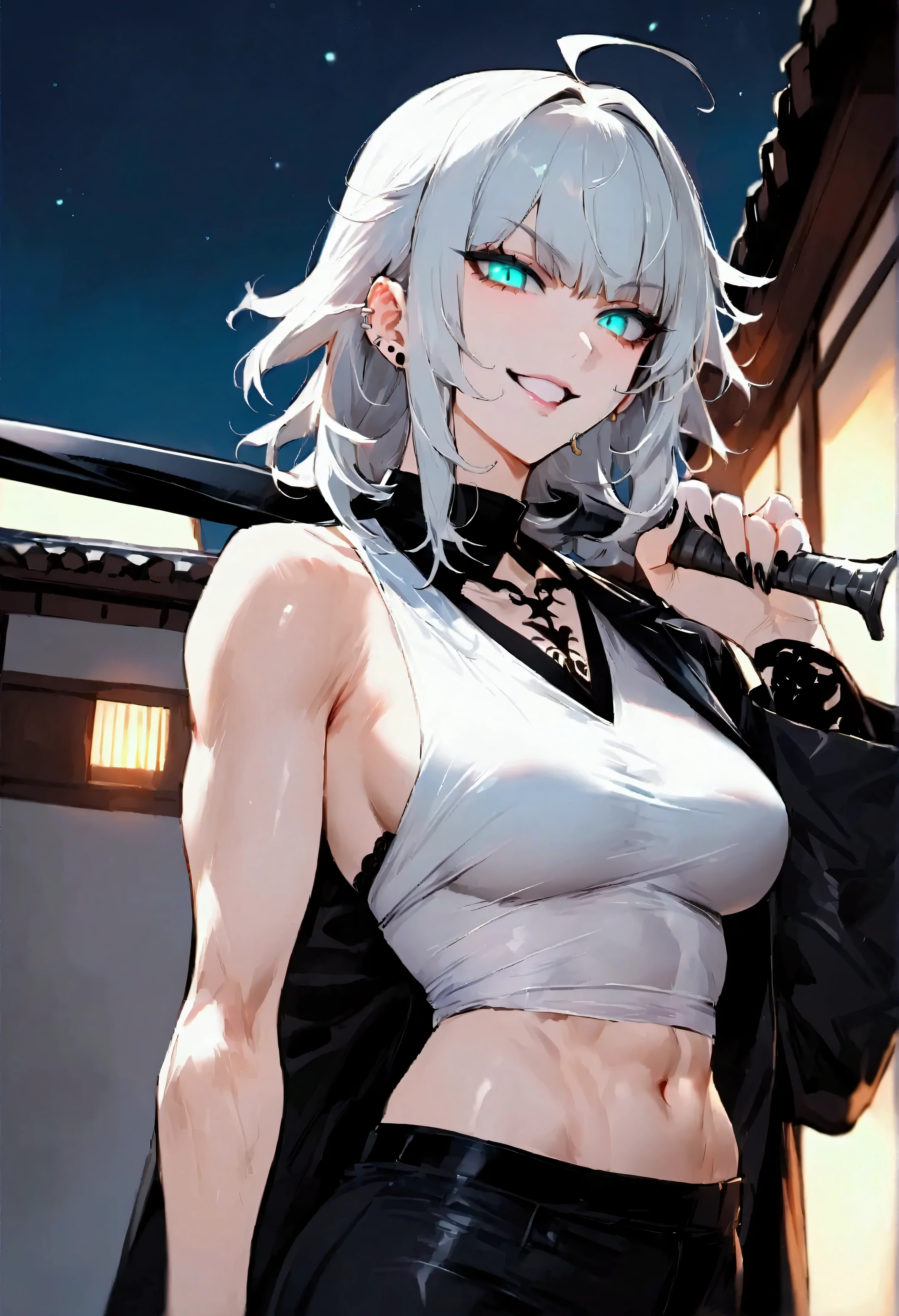 (hero neisan art style:0.7), (harayutaka art style:0.7), score_9, score_8_up, score_7_up, score_6_up, score_5_up, score_4_up, uncensored, chartreux westia, short hair, bangs, yellow eyes, grey hair, hair over one eye, tiara, BREAK (masterpiece:1.2), best quality, high resolution, (detailed eyes:1.3), perfect lighting, (perfect hands, perfect anatomy), ultra-detailliert, large breasts, sword, breasts, katana, 1girl, gloves, katana, pantyhose, cleavage, elbow_gloves, sheath, sitting, large_breasts, sheathed, bare_shoulders, solo, white_gloves, looking_at_viewer, black_legwear, holding, cleavage_cutout, detached_collar, sleeveless, seductive smile, stray hair, veiny breasts, ripped clothes, upper teeth only, tatami