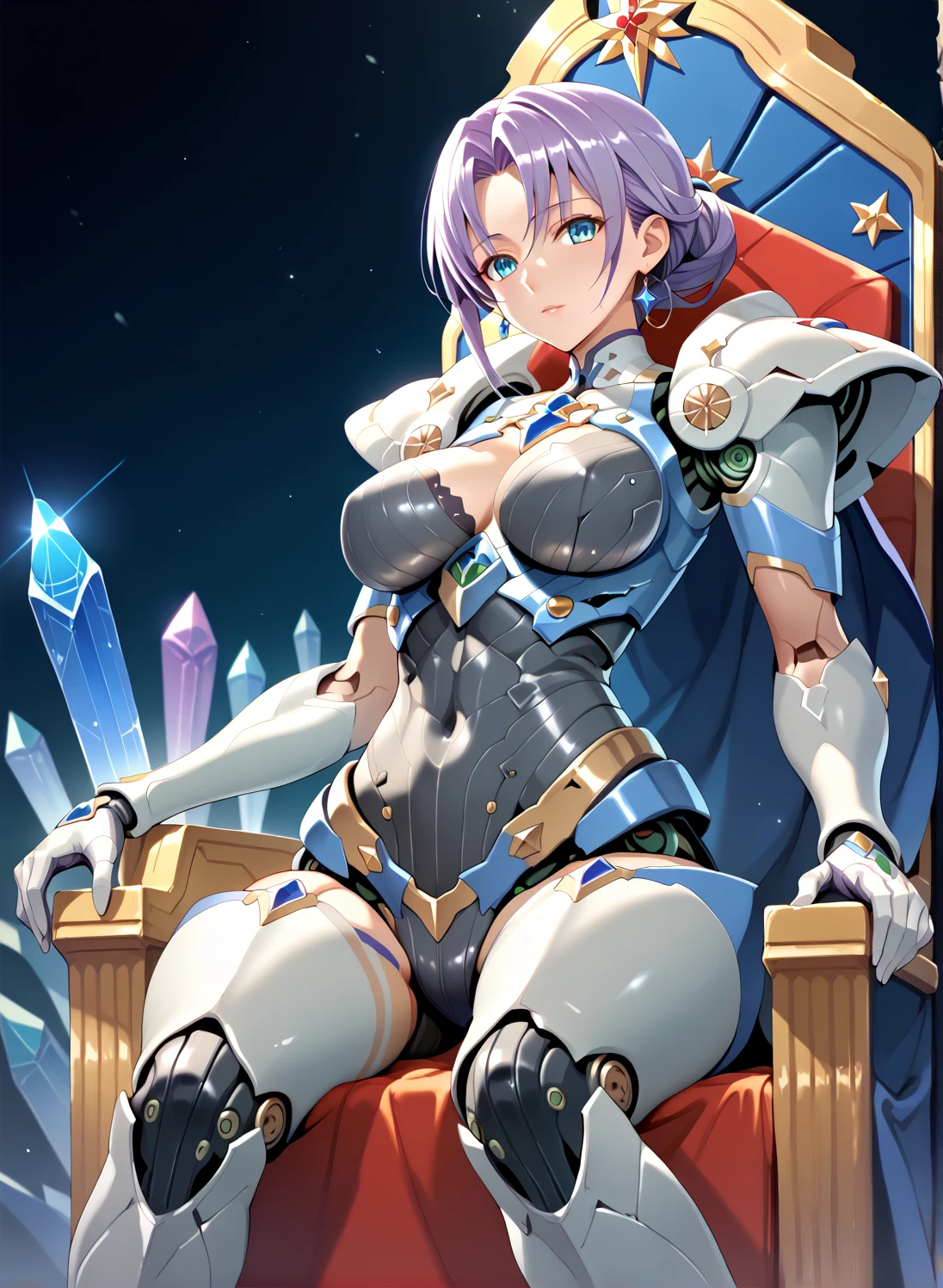 ( mature woman, (local fuuma)), (masterpiece,  top quality:1.5), ( super detailed,  high definition , 8k,  beautiful details , 超 high definition ,  best anatomy ), Purple Hair,  small tits, Beautiful Android, mechanical,  cyborg, like a human, (Chest armor,  thoracic exoskeleton), (groin armor , Intercostal Exoskeleton),  has no feelings,  Artificial Crystal Eye ,  sits on a throne and spreads her legs,  cowboy shot 、