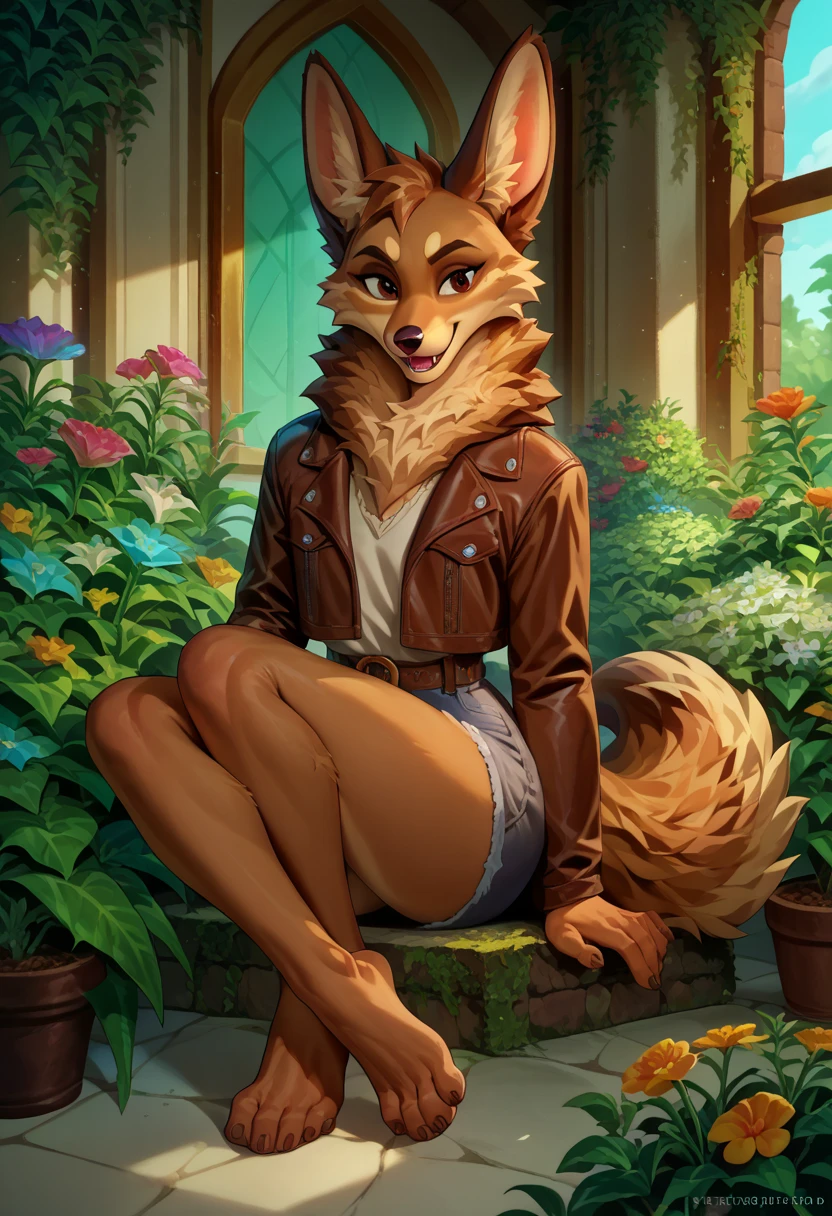 Zorro,  long brown ears with darker brown interior, brown leather,  fuzzy tan neck ,  fluffy brown tail with tan tip ,  big brown eyes ,  wearing modest clothing , sitting in a flower garden,  masterpiece ,  best quality , transparent clothing ,Sexy hot naughty horny perfect feet  