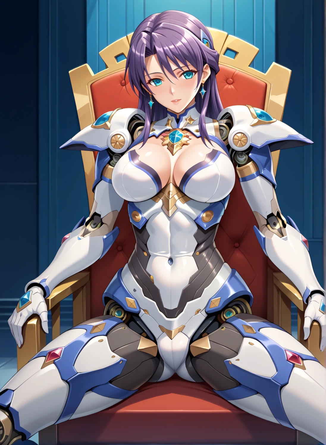 ( mature woman, (local fuuma)), (masterpiece,  top quality:1.5), ( super detailed,  high definition , 8k,  beautiful details , 超 high definition ,  best anatomy ), Purple Hair,  small tits, Beautiful Android, mechanical,  cyborg, like a human, (Chest armor,  thoracic exoskeleton), (groin armor , Intercostal Exoskeleton),  has no feelings,  Artificial Crystal Eye ,  sits on a throne and spreads her legs,  cowboy shot 、