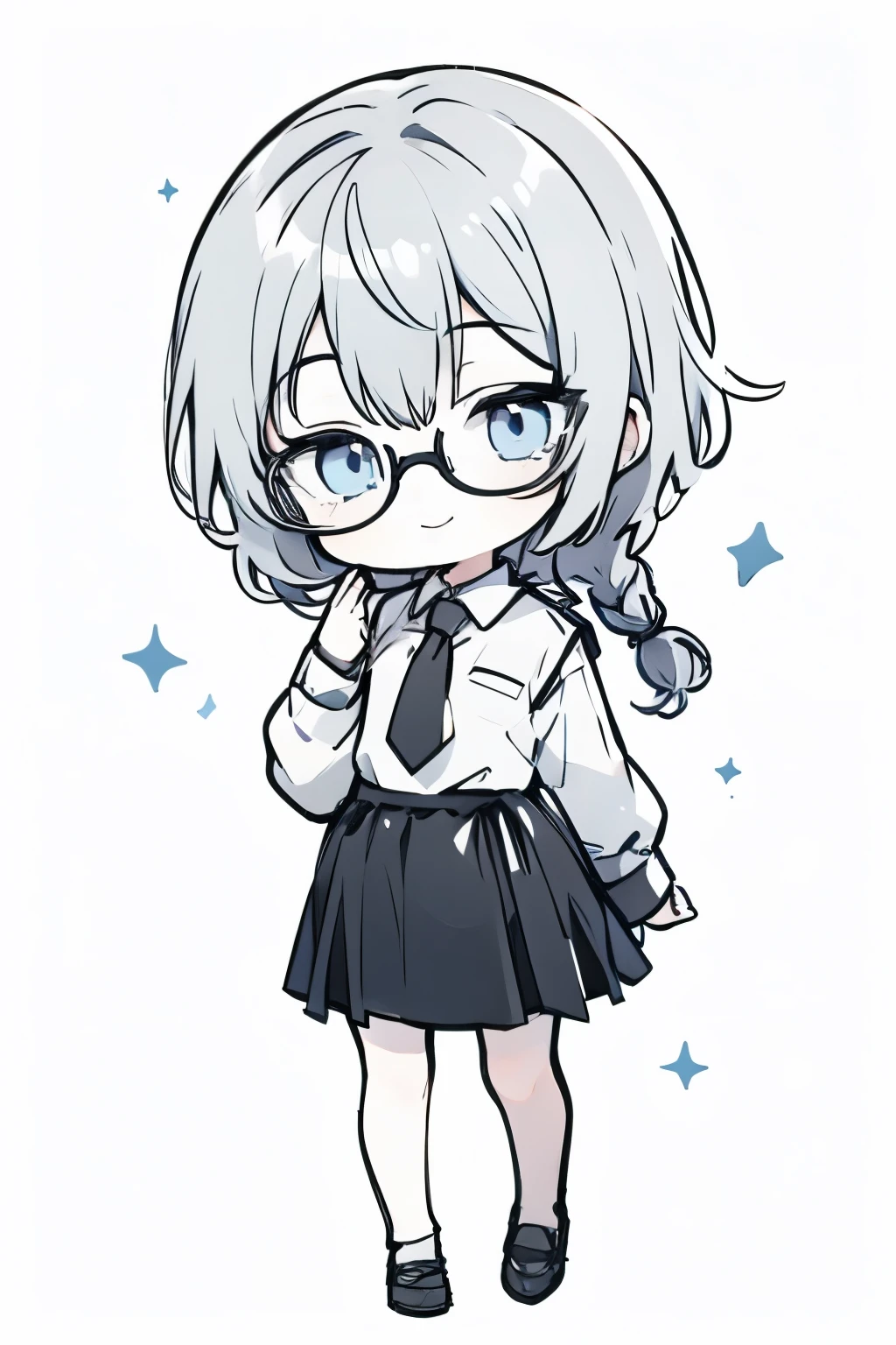 ((highest quality)), ((masterpiece)), ((detailed)), drawing lines, anime 1 girl, solo, short gray hair, 1 tied braid short hair, blue eyes, looking at viewer, smile, closed mouth,  simple bacground, office secretary dressed in a white blouse and black office skirt, wearing fully rounded glasses, black necktie, chibi