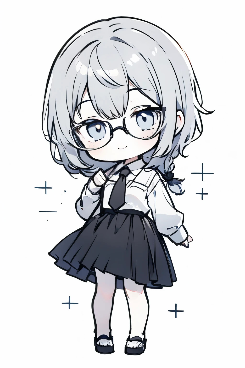 ((highest quality)), ((masterpiece)), ((detailed)), drawing lines, anime 1 girl, solo, short gray hair, 1 tied braid short hair, blue eyes, looking at viewer, smile, closed mouth,  simple bacground, office secretary dressed in a white blouse and black office skirt, wearing fully rounded glasses, black necktie, chibi