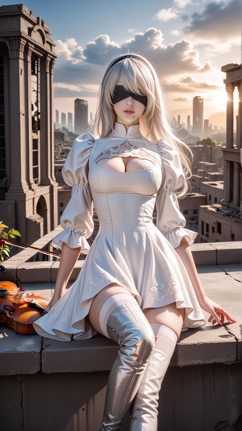 score_9, score_8_up, score_7_up, 32k,masterpiece, highest quality, 
photo realistic, super detail, vibrant colors, chiaroscuro lighting, cinematic lighting,
1 woman, inspired nier automata 2B, white long hair, bangs, mole under mouth, blindfold,
2B yelow dress, cleavage cutout, yelow skirt, thighhighs under boots,
ruins, a ruined world, devastated cities, remnants of mechanical life forms, dark cloudy sky, sitting playing violin on the edge of a dilapidated building.