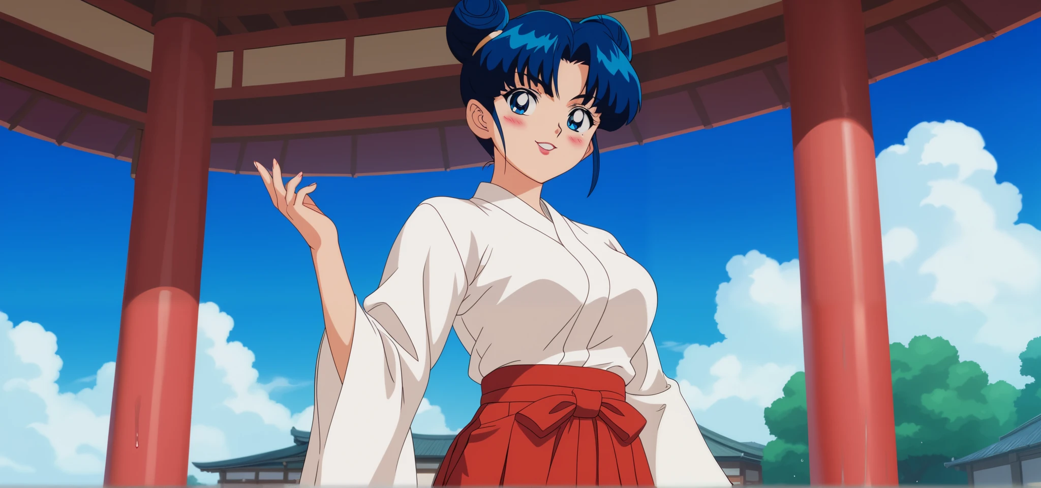 Young woman drawn in 80’s anime art style. 
Retro anime. Vintage Anime. Classical Anime. 
Black Blue HAIR
Cone Hair Bun Hair
She has perfectly Round and Circle eyes. 
Blue eyes and Medium Sized Eyebrows. 
She is Tan Woman.
She has Medium Breast
Small blush on cheek.
She is wearing a japanese Hakama uniform. 
The outfit is specifically a Furisode-style.
Hakama is (White and Red)
The Hakama is White Top & Red (Pants) Bottom
Hakama are secured by four straps (do): two longer do attached on either side of the front of the garment, and two shorter do attached on either side of the rear. 
The rear of the garment may have a rigid trapezoidal section, called a koshi-ita (Waistboard)
Below that on the inside, there may be a hakama-dome (hakama stop) which is tucked into the obi or do at the rear, and helps to keep the hakama in place.

(Cloudy) (Sky) (Raindrops) (Rainy Sky)

(View from the Water Spring)

