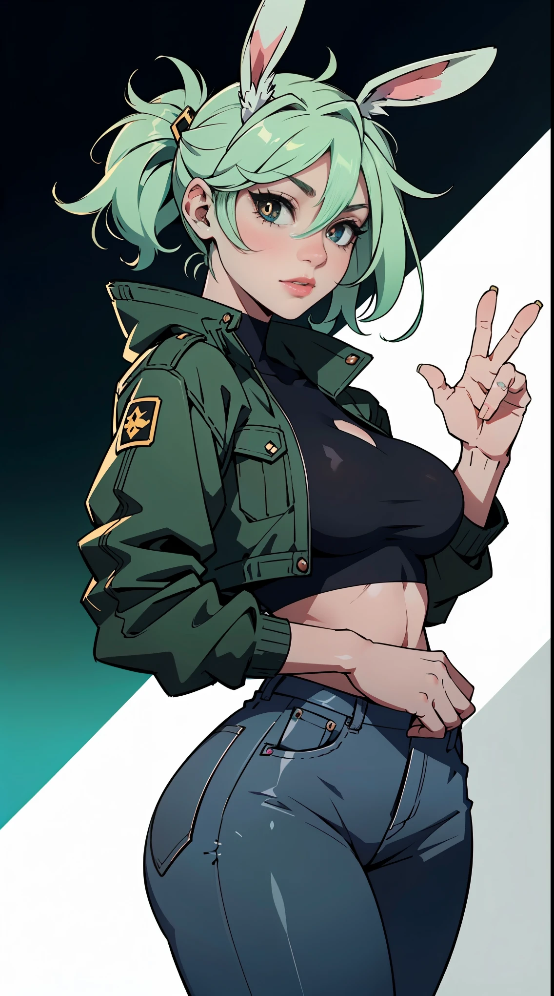 woman, big boobs, wearing an open green down jacket