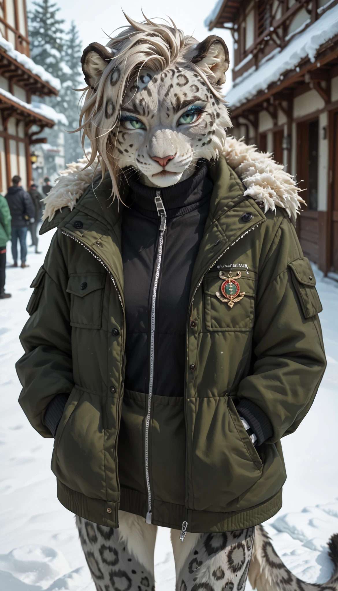 (zPDXL2), (PonyXLV6_Scores), source_anime, Expressiveh, full body shot, BREAK
lhata4564, d3t41l3d, 

Anthro, furry, Snow leopard with eyeliner in a green M65 jacket