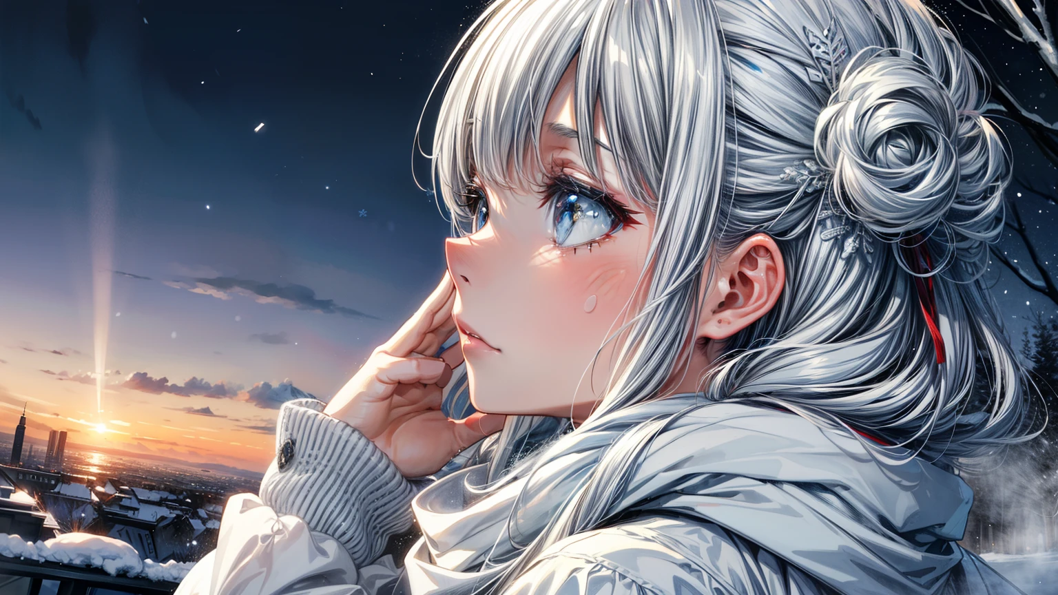 (best quality,4k,8k,highres,masterpiece:1.2, beautiful girl, detailed face, beautiful eyes, detailed eyes),ultra-detailed,white hair,scarf,snow,portrait,icy blue,soft illumination,crisp shadows, winter,serene expression,magical solitude,vivid colors,subtle gradients,fine brushstrokes, ((winter wonderland background, falling snow, night time)), (((she is staring up at the sky, side profile, faraway shot)))