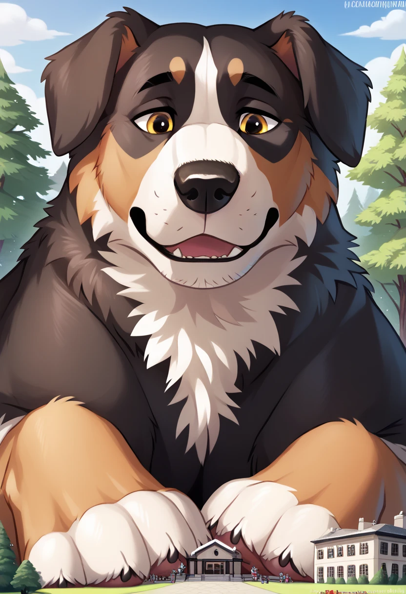 Scribble 1man, detailed, solo, Bernese Mountain Dog, feral, helpful and friendly, sadness, playful and helpful look, feral Bernese Mountain Dog face,humanity(Bernese Mountain Dog), muscular, strong muscle( black eyebrows :1.1),(perfect eyes), （artist:takemoto arashi)，paw，（ Black beard :1.3），black hair, (Massiv:3.0, ( heavyweight ,strong,Macro, Emphasize the large size of a building)), background ((medieval Forest, the crack in the street)), a human man Transformation in to a macro size Giant hyper muscular feral Bernese Mountain Dog, gives a helpful look, rating_safe, solo, close up, growth, very cramped, low ceiling, , motion lines, cool powerful and strong, The as big as a building feral Bernese Mountain Dog in the road of medieval Forest,