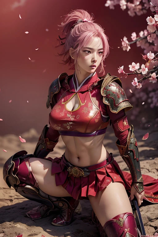  A young Japanese woman , warrior,  Wicked Expression ,,Combat Stance, wielding a sword,  very detailedな,  full body view,(spread legs),    Brilliant Appearance , Creative Action,  Extremely Detailed , Imaginative,  sensual,  Spontaneous ,  top quality,  skin texture,  ((very short hair)),  ((Hot pink hair)),   toned body,  ((huge breasts)),  Big Breasts,   plump thighs,   The red armor with a plum blossom pattern engraved on it is bikini type and is designed to emphasize chest exposure,  ( Wear a red cloak with a plum blossom pattern ),  peplum skirt,  Red shin guard with plum blossom engraved on it ,  Pink high-leg underwear ,  Red tights ,   absolute domain,  intricate details , ( cinematic lighting ),  Dramatic lighting,  ((Clear Sky Thunderbolt)),  (( Plum blossoms in full bloom in the background )),  (( Large plum blossoms in full bloom on the front )),    RAW photos , 8k, masterpiece,   top quality, ultra detailed , Extremely Detailed イラスト, very detailed,  intricate details , high definition ,超 intricate details, very detailed 8k cg wallpaper,