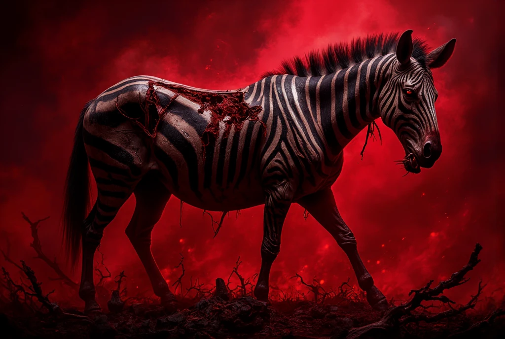 ((masterpiece)) ((photography)) ((Highest quality))A hyper-realistic illustration of a terrifying zombie zebra with sharp, menacing teeth. Its skin is torn and decayed, revealing muscle and bone beneath, with an eerie "Darkness" effect emphasizing shadows and grotesque details. The zebra's glowing, hollow eyes add a chilling aura. The background is a chaotic blend of random smoky red effects, creating a nightmarish and unsettling atmosphere.