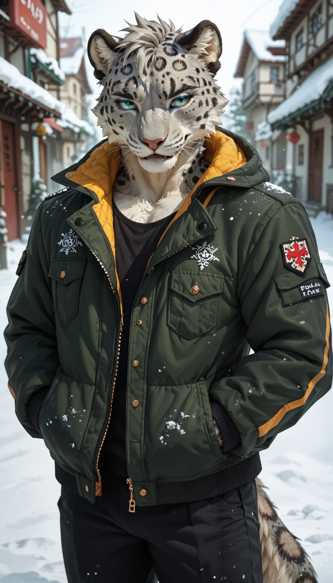 (zPDXL2), (PonyXLV6_Scores), source_anime, Expressiveh, full body shot, BREAK
lhata4564, d3t41l3d, 

Anthro, furry, male, Snow leopard with eyeliner in a green M65 jacket