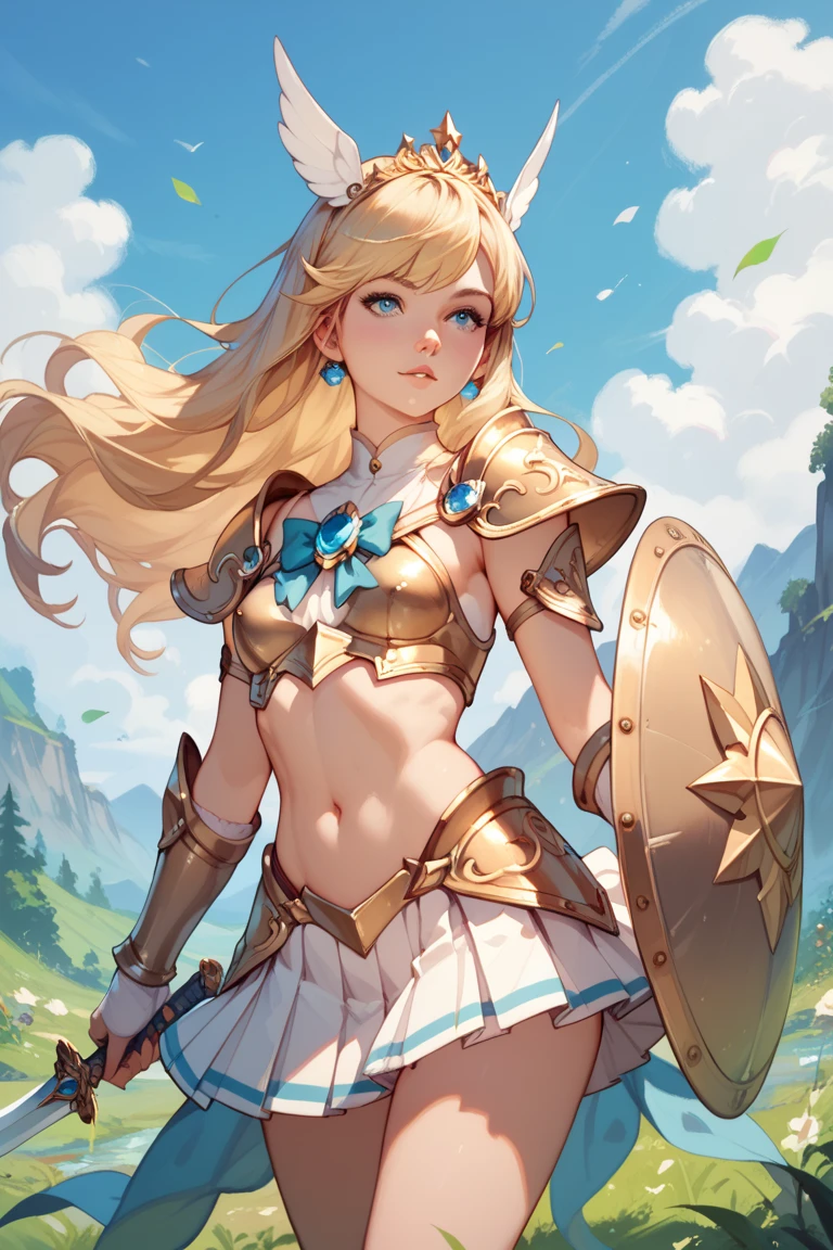 A beautiful magical girl warrior, long blonde hair, blue eyes, small breasts,Fantasy cropped armor  white pleated skirt. Tiara, sword and shield she goes on an adventure trip She walks through an imaginative landscape