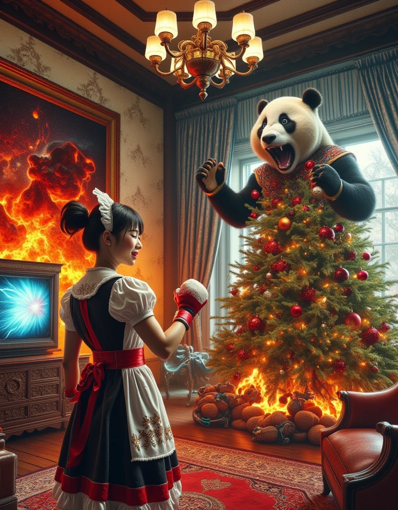 ultra-realistic, photorealistic, dramatic scene, shadow, global-illumination, solo, (a beautiful Japanese maid girl is decorating a Christmas tree in a antique room of the old European castle), cute colored maid costume, gorgeously antique furnishings, gorgeously decorated with Christmas decoration in the room, the large vintage TV displays\(Muay Thai fighter vs. terrifying man-eating panda, there are the shouting Muay Thai fighter and terrifying panda with fang, volcano, thunder, giant meteorite, galaxy, blackhole, missile, explosion, Muay Thai fighter shows extremely painful expressions\), bright ceiling lighting in the room, peaceful sunny day, she is looking back and showing a gentle smile, detailed face skin texture