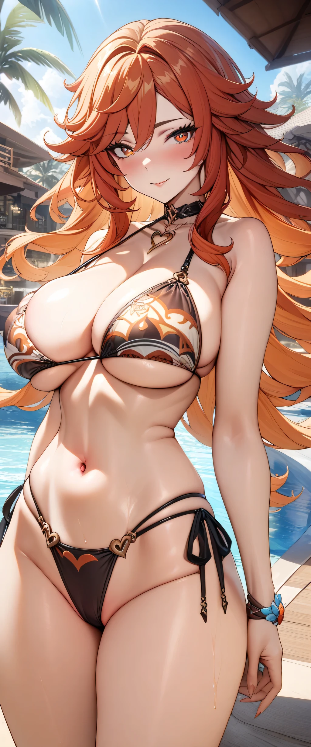 (masterpiece), best quality, expressive eyes, perfect face,8k wallpaper,detailed background,NSFW,1girl,(mavuika:0.7),genshin impact,multicolored hair,red hair,orange hair,long hair,red eyes,sun，heel sandals，clear sky,bare shoulders,big breasts,cleavage,(heart necklace),underboob,stylish swimsuit,sexy swimsuit,(patterned bikini:1.2),fire design,strap gap,side-tie bikini bottom,thong bottom,cowboy shot, standing,beach resort,poolside,seductive pose,horny,in heat,aroused,confident smile,sexy pose,bewitching thighs,looking at viewer