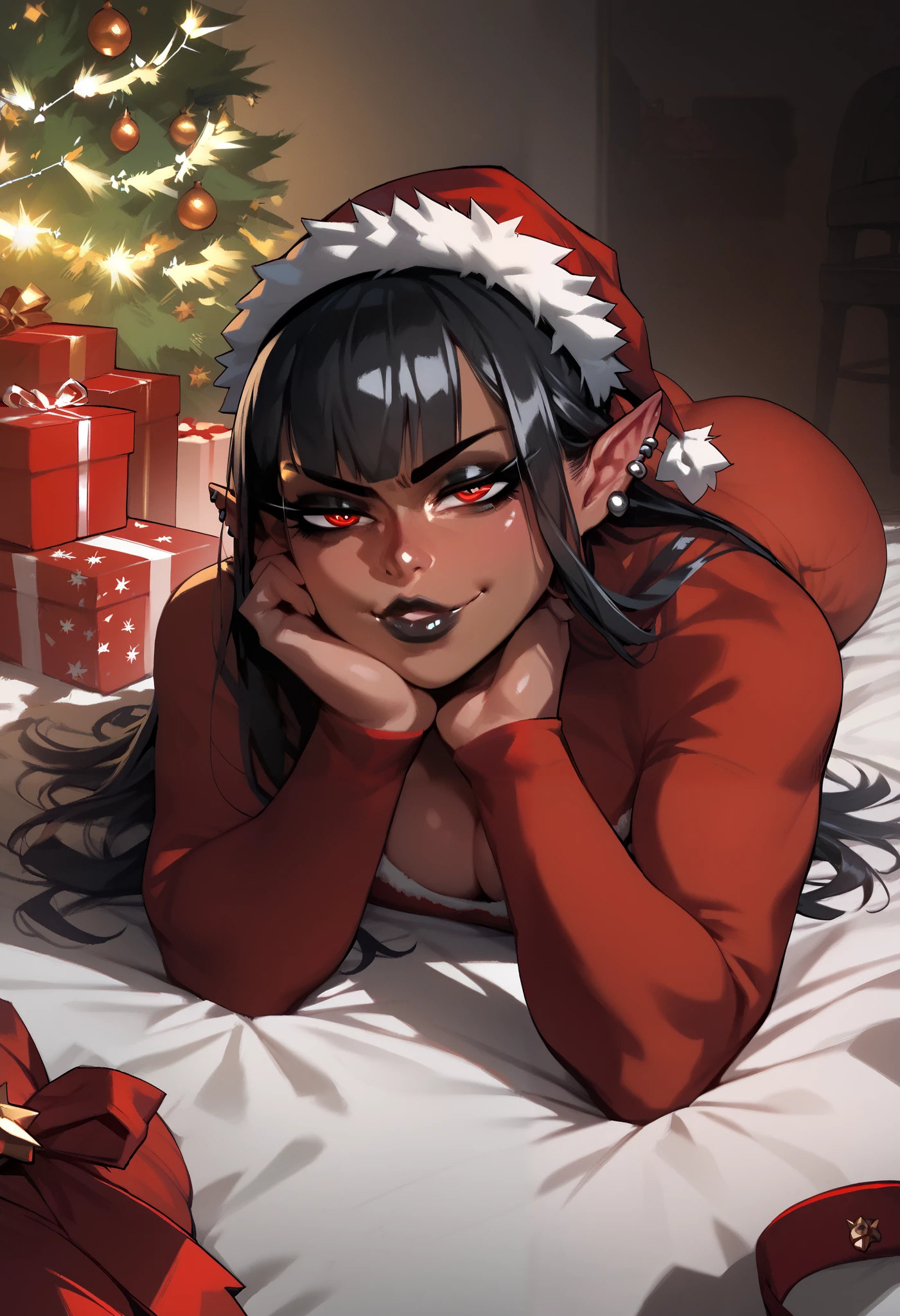 score_9, score_8_up, score_7_up, score_6_up, score_5_up, score_4_up, BREAK 1girl, dark skin, brown skin, elf ears, goth, black hair, straight hair, long hair, red eyes, thick lips, long eyelashes, half-closed eyes, blunt bangs, adult, black eyeliner, ear piercings, black lips, black and red eyeshadow, looking at viewer, BREAK solo, shiny skin, indoors, santa outfit, cleavage, christmas tree, presents, evil smirk, santa hat, lying on floor