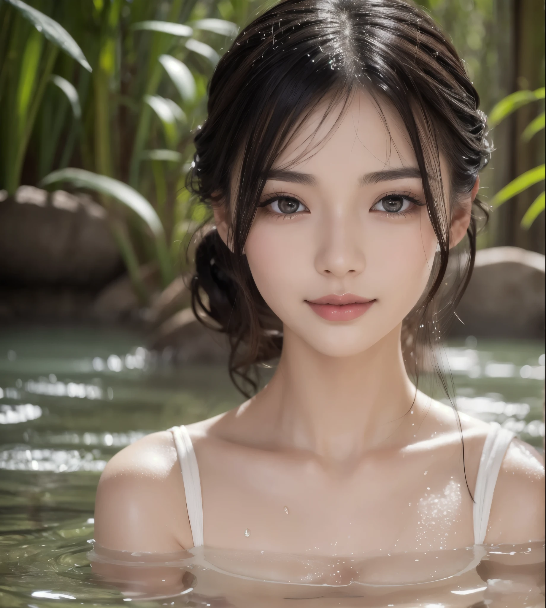 (in 8K、Raw photography、top-quality、masterpiece:1.2)、(realisitic、Photorealsitic:1.37)、1girl in、japanes、femele、((Detailed face))、Detailed lips、(A detailed eye)、More skin、((Wet Komono))、(Detailed :1.3)、(cammel toe)、perfectbody、(Wet body:1.2)、shinny skin、((dark brown hair、detailed tits:1.3))、(natural soft light、shrines:1.4)、((the morning sun))、(Highly detailed facial and skin texture)、((Ponytail))、(bangss)、(splash water)、((under the rain))、(length hair)、((Upward perspective))、(Kneeling)、(opens legs)、(Expose your upper body)、((Surrounded by pigeons))、((Eyes closed))、water lily、crystal-clear water、