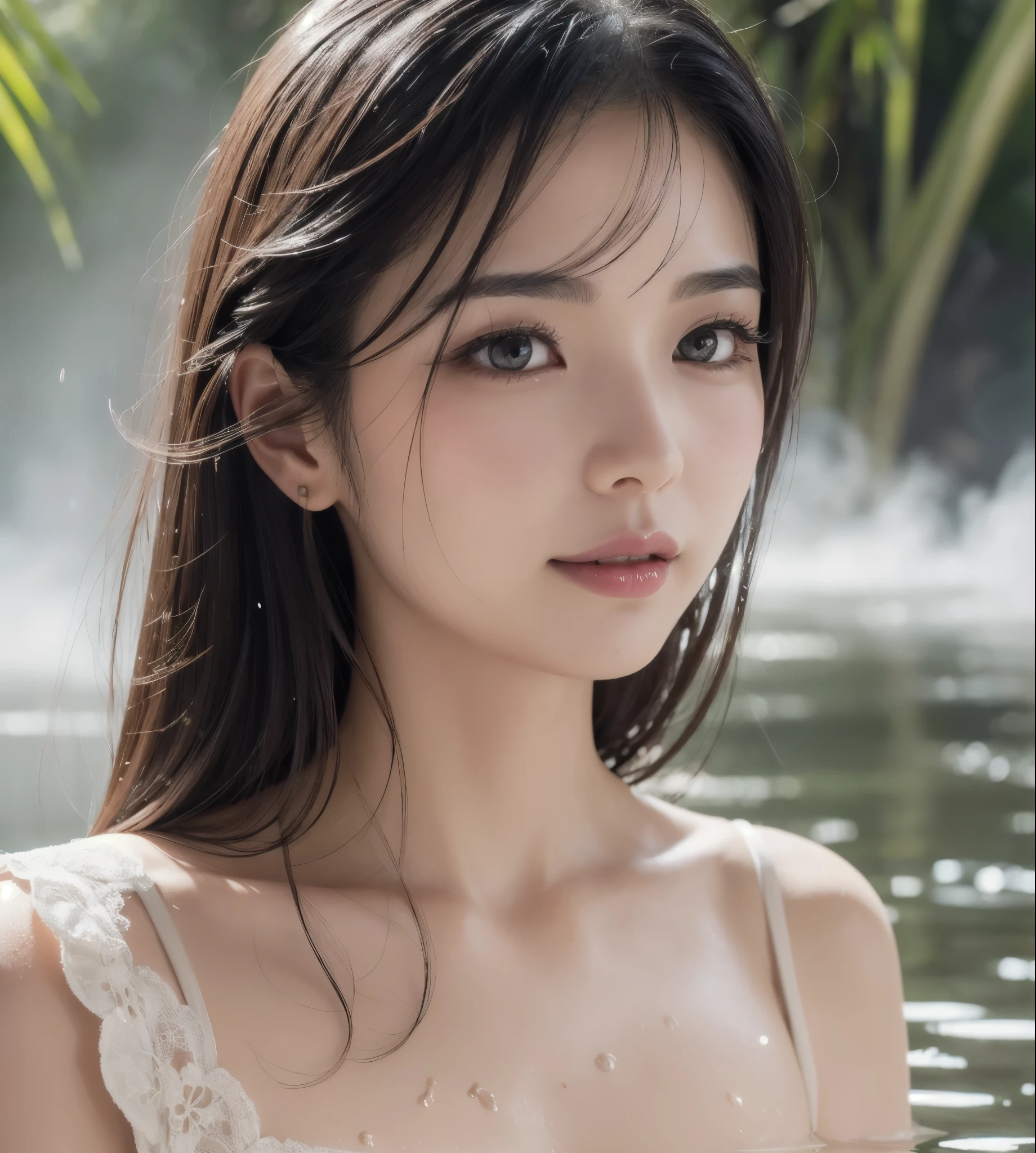 (best quality,4k,8k,highres,masterpiece:1.2),ultra-detailed,beautiful detailed eyes, beautiful detailed lips,extremely detailed eyes and face,longeyelashes,realistic,photorealistic,portrait,garden,gloomy,romantic,detailed flowers,soft colors,dim lighting,shimmering raindrops,soaked gown,thin fabric,sheer,transparent,hint of silhouette,wet hair,moist skin,wet eyelashes,evocative,serene,subtle,sensual,emotionally charged,unique,artistic,expressive,18th century style,dreamy,ethereal,rainy day ambiance,quiet,suspended in time,rainy atmosphere,mysterious
