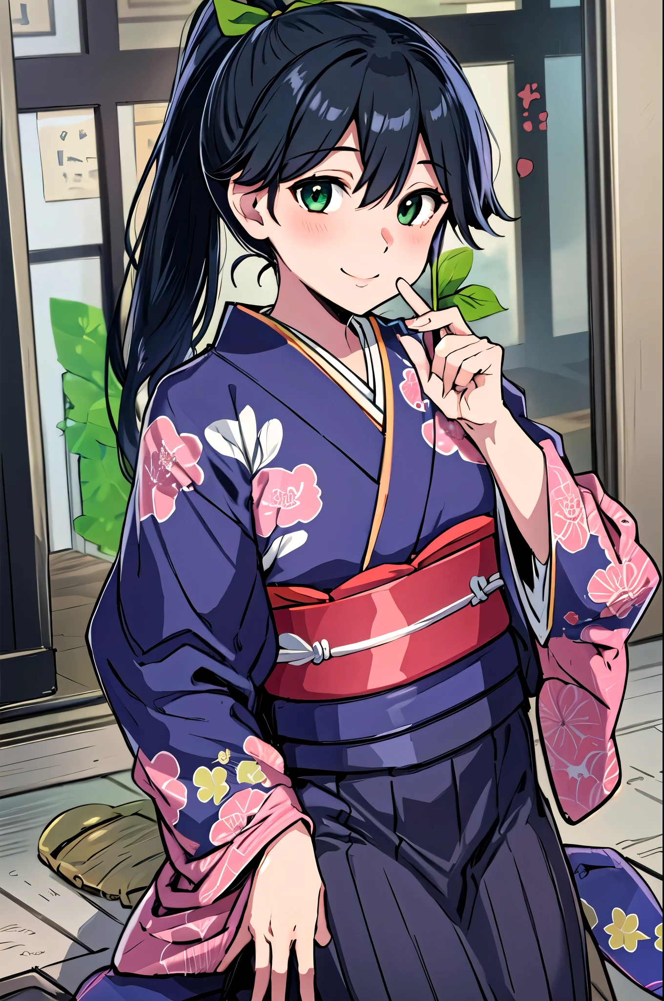   top quality,   masterpiece ,    high definition  , Alone, {stamp_  Fleet Collection:1.15}, black_hair, length_hair,   ponytail, smile, tasuki, , green_eye,   1 girl ,  Japanese _Close, kimono,    Not Watching _in_  viewer,  T _body, ribbon