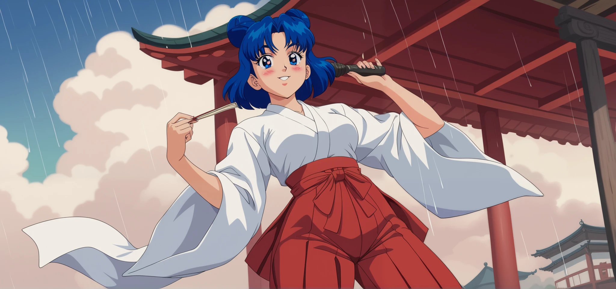 Young woman drawn in 80’s anime art style. 
Retro anime. Vintage Anime. Classical Anime. 
Black Blue HAIR
Cone Hair Bun Hair
She has perfectly Round and Circle eyes. 
Blue eyes and Medium Sized Eyebrows. 
She is Tan Woman.
She has Medium Breast
Small blush on cheek.
She is wearing a japanese Hakama uniform. 
The outfit is specifically a Furisode-style.
Hakama is (White and Red)
The Hakama is White Top & Red (Pants) Bottom
Hakama are secured by four straps (do): two longer do attached on either side of the front of the garment, and two shorter do attached on either side of the rear. 
The rear of the garment may have a rigid trapezoidal section, called a koshi-ita (Waistboard)
Below that on the inside, there may be a hakama-dome (hakama stop) which is tucked into the obi or do at the rear, and helps to keep the hakama in place.

(Cloudy) (Sky) (Raindrops) (Rainy Sky)

(View from the Water Spring)

