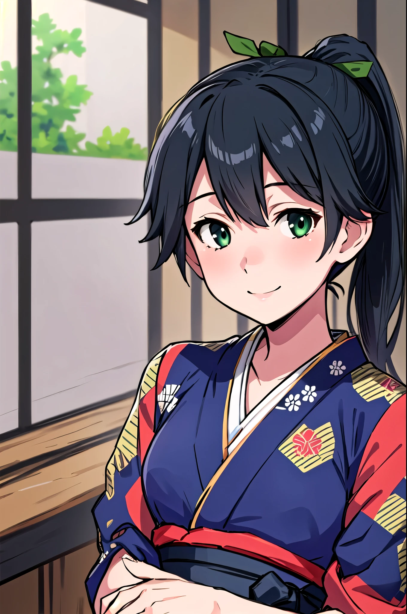   top quality,   masterpiece ,    high definition  , Alone, {houshou_Fleet Collection:1.15}, black_hair, length_hair,   ponytail, smile, tasuki, , green_eye,   1 girl ,  Japanese _Close, kimono, 