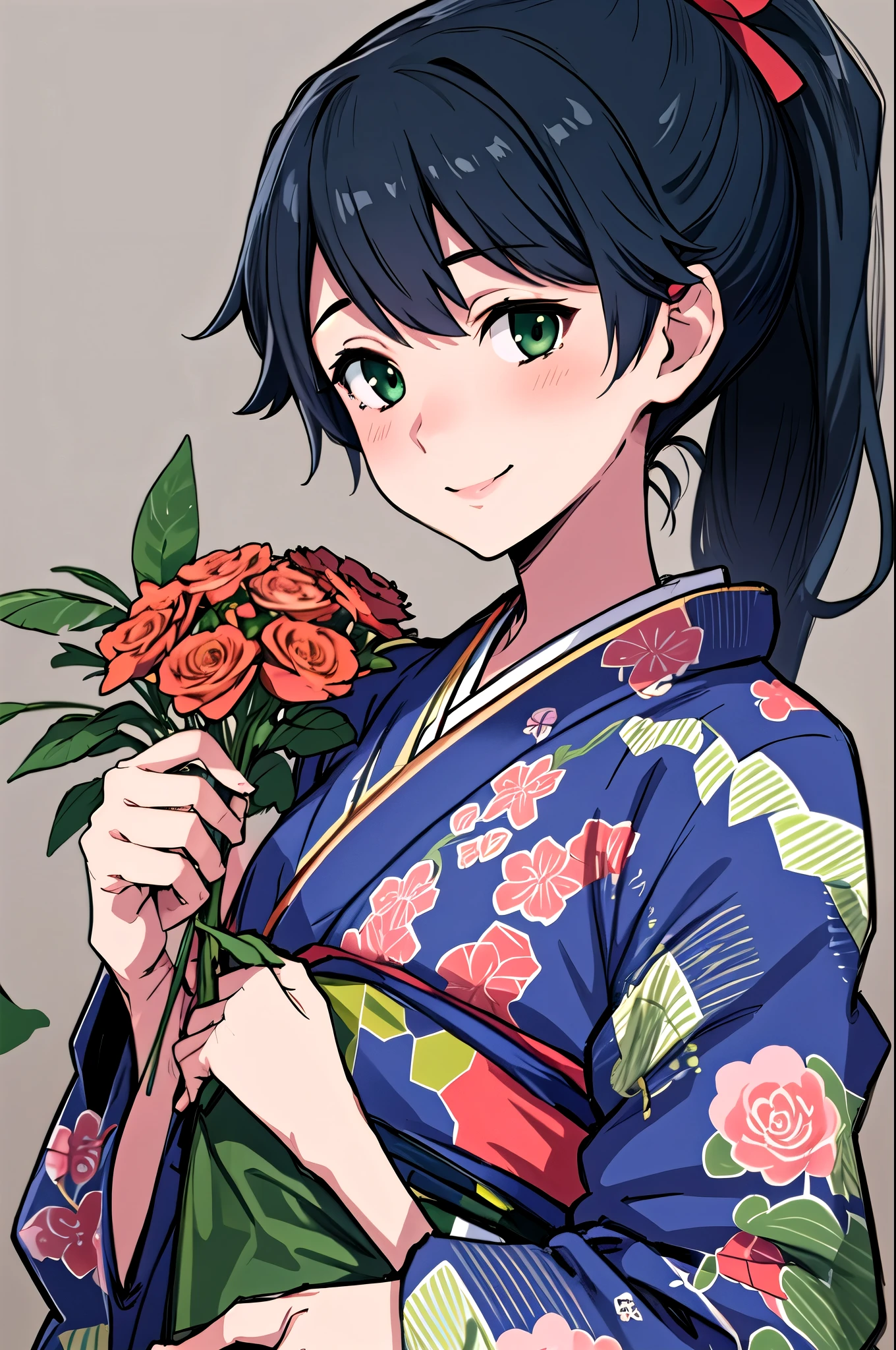   top quality,   masterpiece ,    high definition  , Alone, {houshou_Fleet Collection:1.15}, black_hair, length_hair,   ponytail, smile, tasuki, , green_eye,   1 girl ,  Japanese _Close, kimono, 