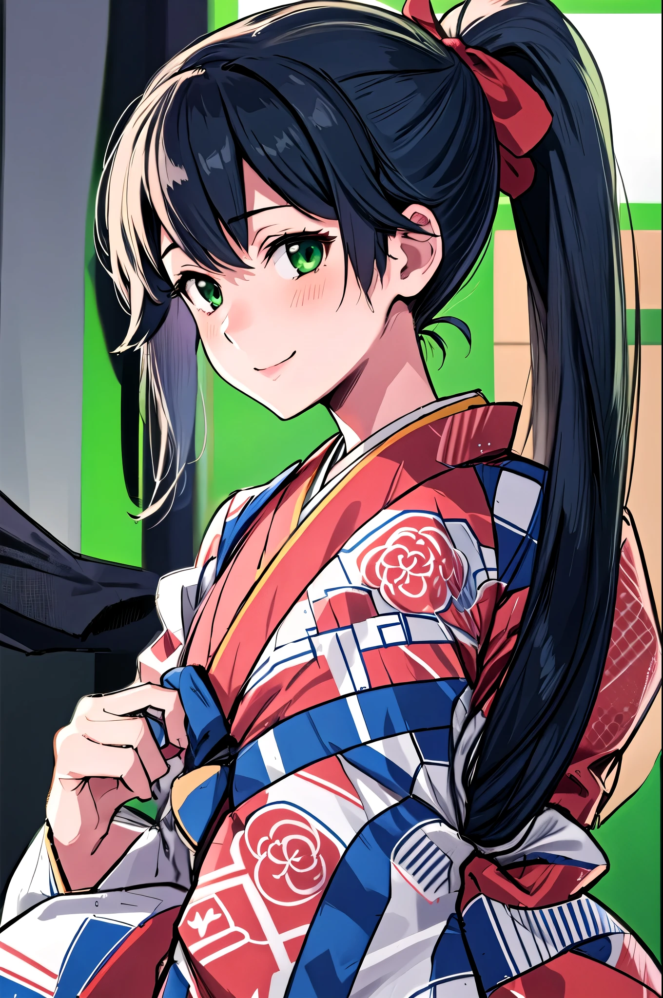   top quality,   masterpiece ,    high definition  , Alone, {stamp_  Fleet Collection:1.15}, black_hair, length_hair,   ponytail, smile, tasuki, , green_eye,   1 girl ,  Japanese _Close, kimono,    Not Watching _in_  viewer,  T _body, ribbon