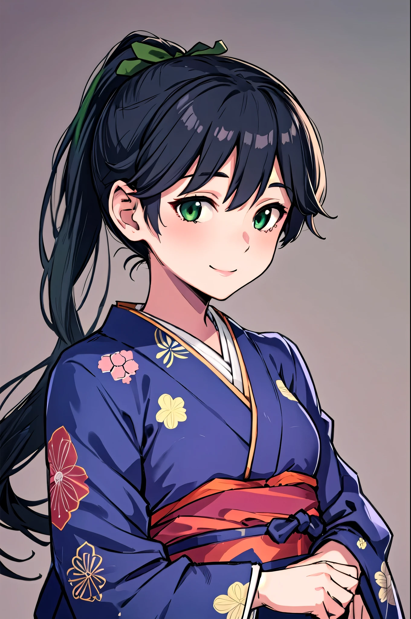   top quality,   masterpiece ,    high definition  , Alone, {stamp_  Fleet Collection:1.15}, black_hair, length_hair,   ponytail, smile, tasuki, , green_eye,   1 girl ,  Japanese _Close, kimono,    Not Watching _in_  viewer,  T _body, ribbon