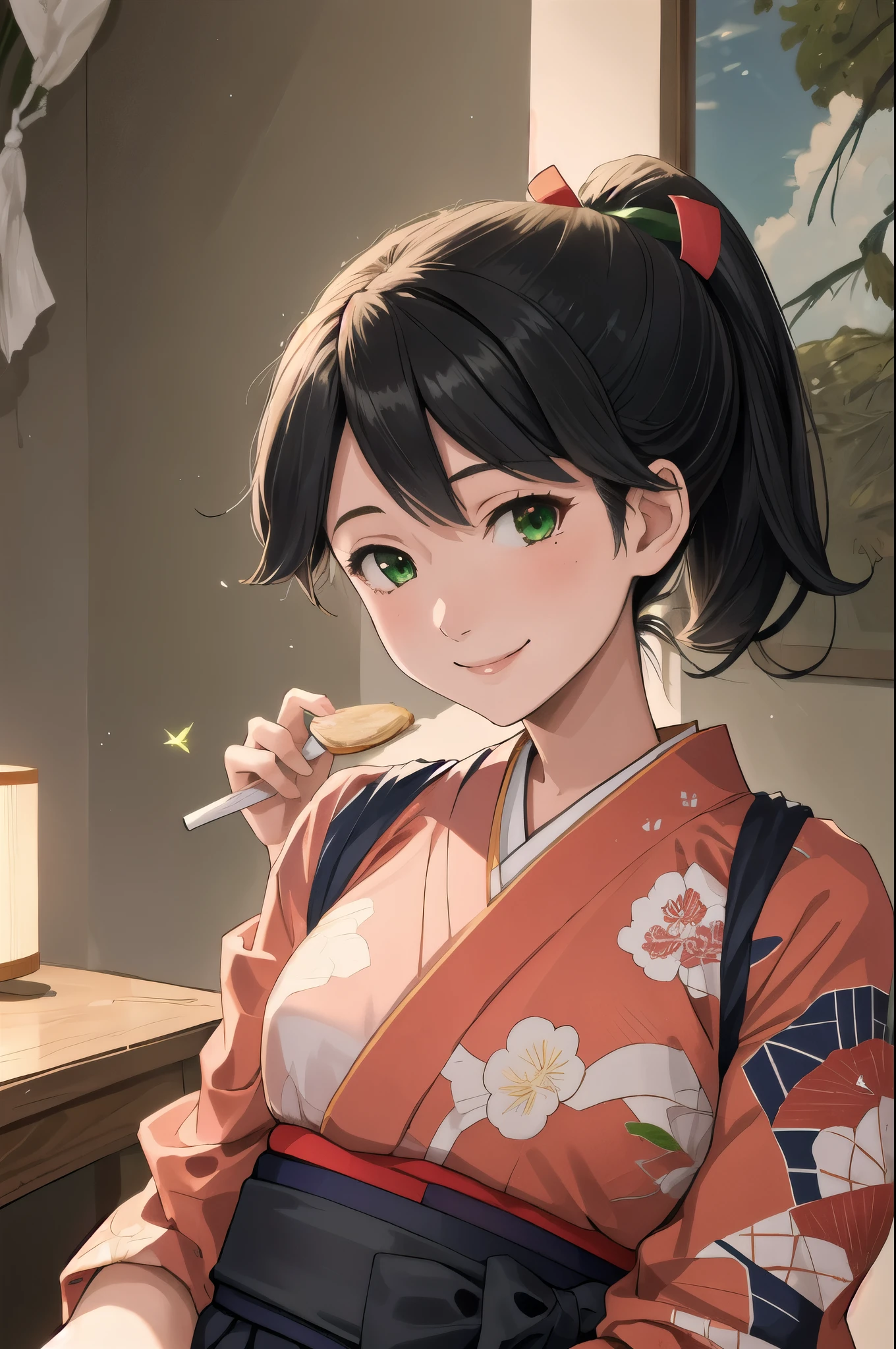   top quality,   masterpiece ,    high definition  , Alone, {stamp_  Fleet Collection:1.15}, black_hair, length_hair,   ponytail, smile, tasuki, , green_eye,   1 girl ,  Japanese _Close, kimono,    Not Watching _in_  viewer,  T _body, ribbon