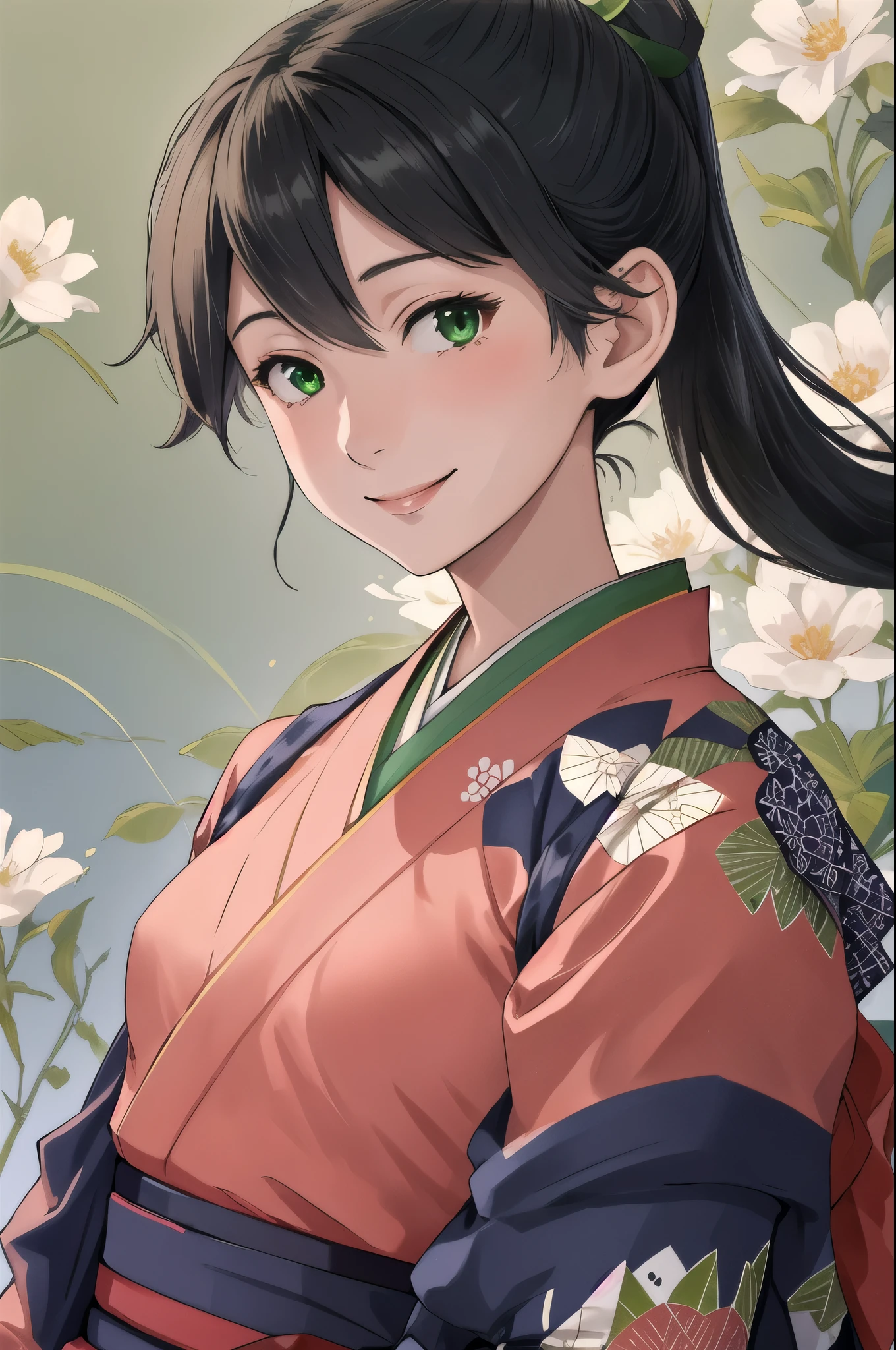   top quality,   masterpiece ,    high definition  , Alone, {stamp_  Fleet Collection:1.15}, black_hair, length_hair,   ponytail, smile, tasuki, , green_eye,   1 girl ,  Japanese _Close, kimono,    Not Watching _in_  viewer,  T _body, ribbon