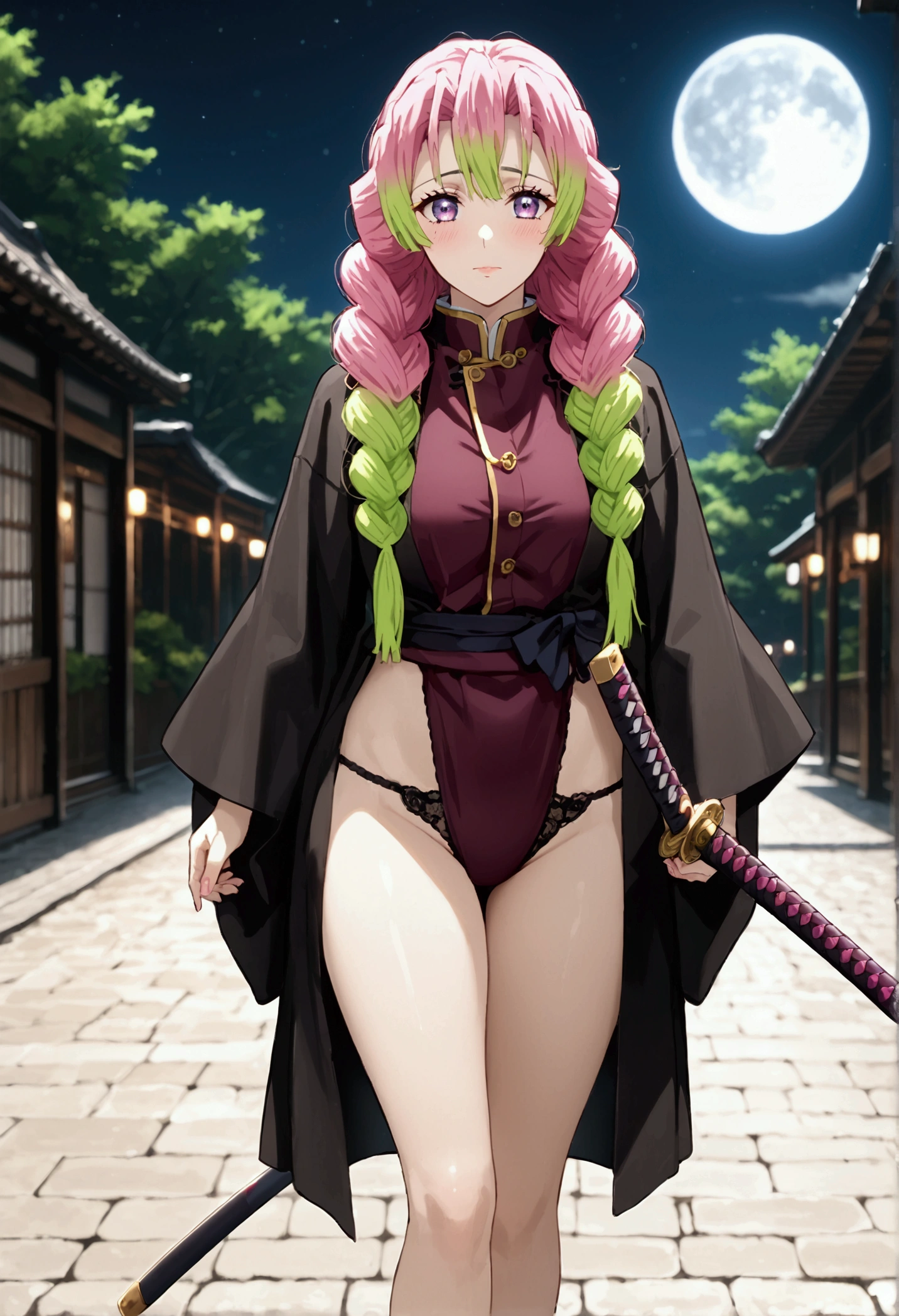 is_Aurora, 1 girl, Mitsuri Kanroji, Moon under the eye, mole, breasts, Alone,  pink hair,  multicolored hair , blush,green hair, Braid, ojos verdis,  long hair, gradient hair, twin Braids, large breasts, Bicolor fur,  Closed mouth ,  blurry background , katana, golpis, multiple Braids, 
high body, high,  long legs ,  mature female , maduro, adult, disnuda,  without underwear, Corruption, 