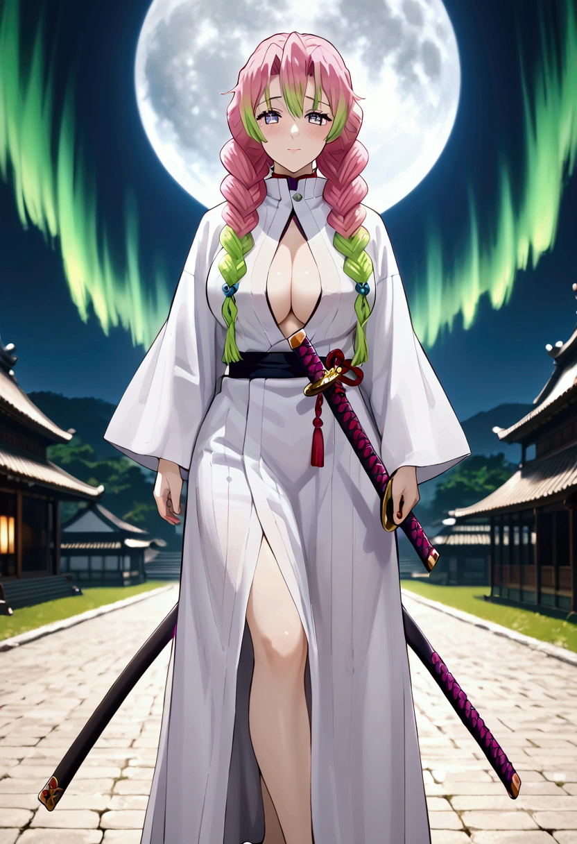 a woman in a Japanese  and short black skirt, long green socks, wrapped in a white kimono, beautiful Japanese student woman, long pink hair in two braids, giant breasts, big cleavage, thick and curvy body, holding a sword, is jumping high against the background of a large full moon, the character Mitsuri Kanroji,