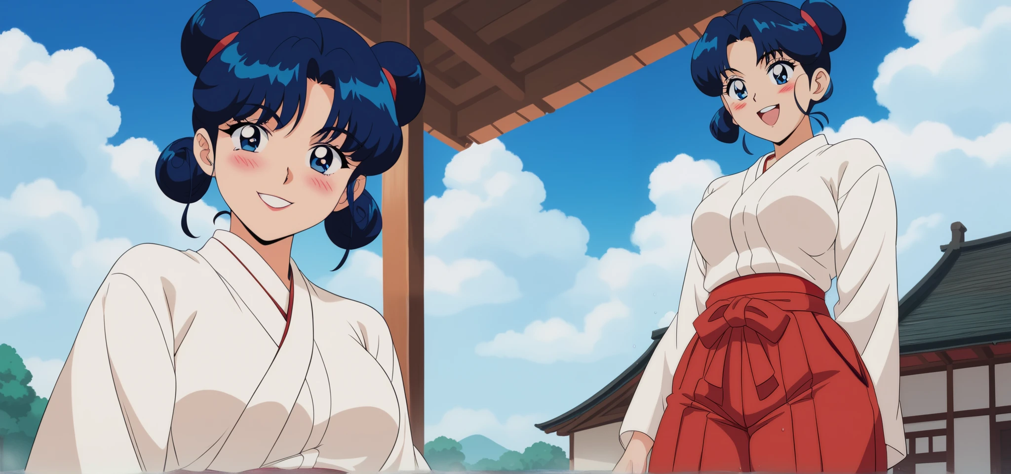 Young woman drawn in 80’s anime art style. 
Retro anime. Vintage Anime. Classical Anime. 
Black Blue HAIR
Cone Hair Bun Hair
She has perfectly Round and Circle eyes. 
Blue eyes and Medium Sized Eyebrows. 
She is Tan Woman.
She has Medium Breast
Small blush on cheek.
Evil Smile
She is wearing a japanese Hakama uniform. 
The outfit is specifically a Furisode-style.
Hakama is (White and Red)
The Hakama is White Top & Red (Pants) Bottom
Hakama are secured by four straps (do): two longer do attached on either side of the front of the garment, and two shorter do attached on either side of the rear. 
The rear of the garment may have a rigid trapezoidal section, called a koshi-ita (Waistboard)
Below that on the inside, there may be a hakama-dome (hakama stop) which is tucked into the obi or do at the rear, and helps to keep the hakama in place.

(Cloudy) (Sky) (Raindrops) (Rainy Sky)

(View from the Water Spring)

