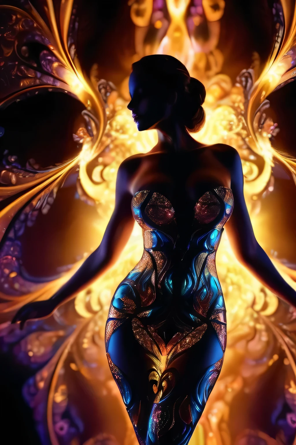 Woman with shiny translucent fractal skin,whole body,Large Breasts,Swirling organic pattern, Full of energy, Ultra HD, Vibrant colors, perfect composition, Soft, natural three-dimensional cinema lighting, Amazing shadows, Black silhouette, Volumetric Light,(Movie Posters).