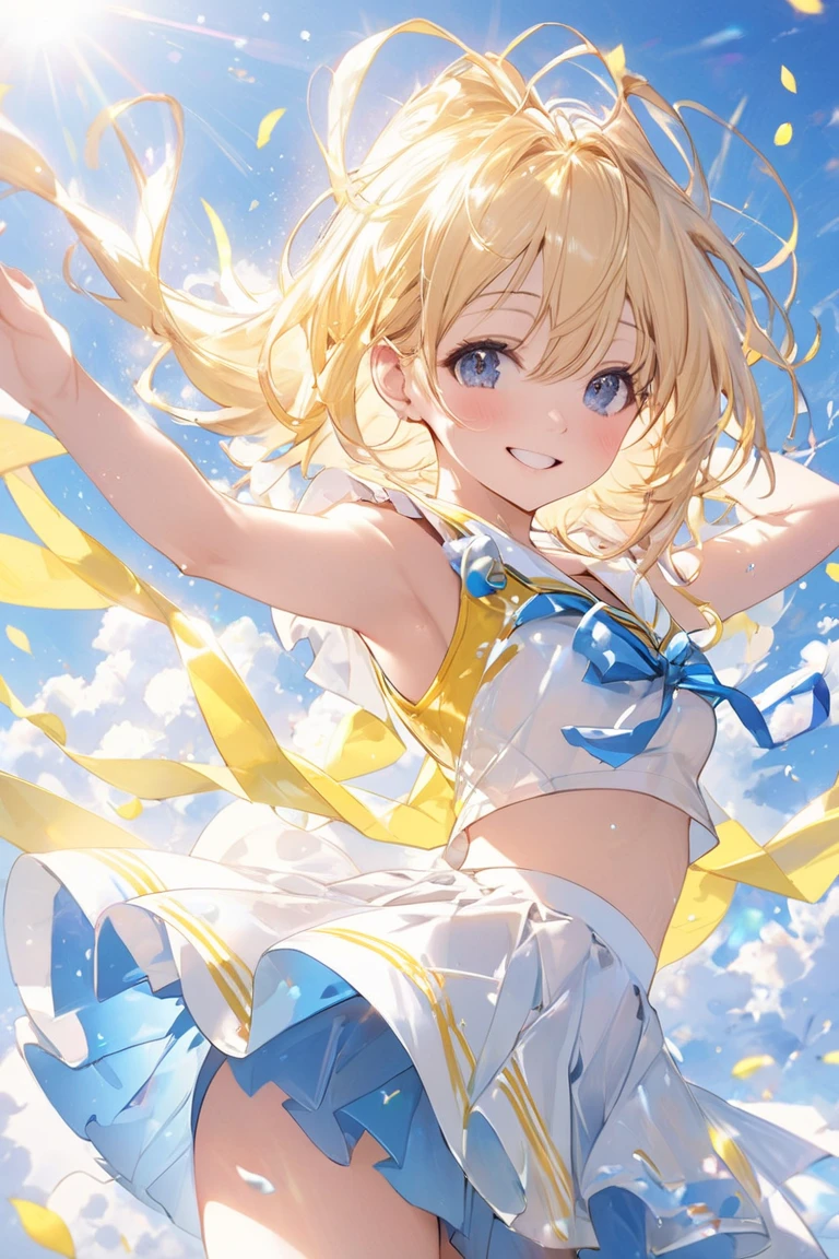 (Highest quality、Very detailed、Ultra-high resolution) 、(1 girl、17 years old、Mature), blue eyes、smile、((Blonde))、Semi-long hair、Beautiful breasts、blue sky、Cheerleader、from behind, from below