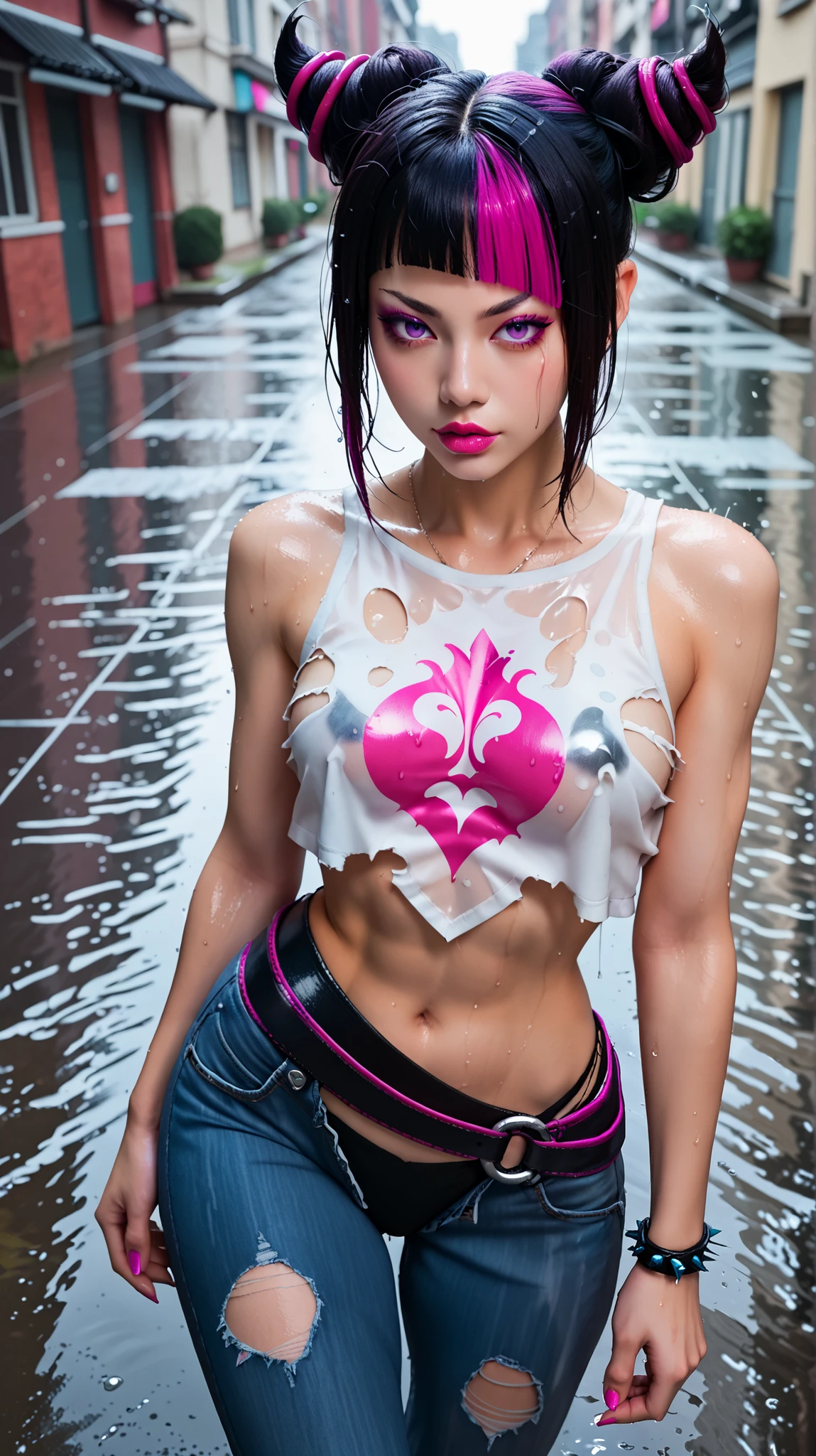 score_9, score_8_above, score_7_above, score_6_above, score_5_above, score_4_above, Alone, 1 , juri han, purple eyes,  black hair, fringe, hair horns,  multicolored hair,hair marked , makeabove, lipstick,  wearing a pink and white tank top with skulls, Wet tank top , diaphragm, ripped jeans,  black panties, Walking in the rain, rain, Walking,  exceptionally beautiful ,  very sexy and toned body ,  narrow waist,  low angle Dutch angle , park background.