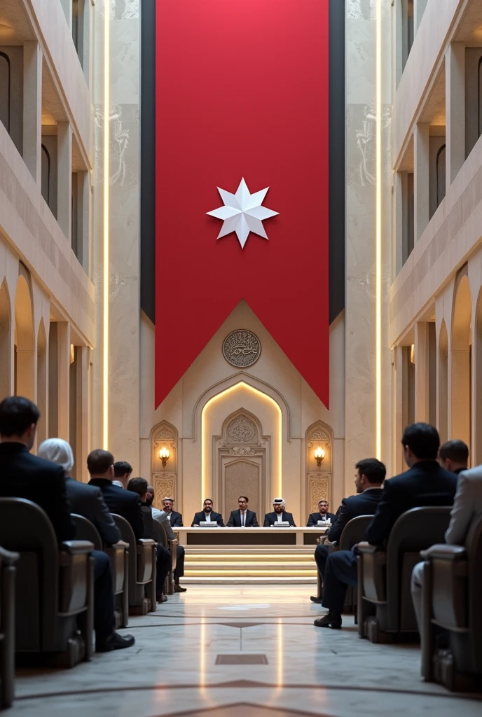 The Consultative Assembly is in a very elegant and modern building with the symbols of the Islamic religion installed in its corners, where 25 men and women are present, and the red, white and black flag is installed there.