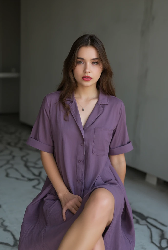 Studio photo of a beautiful twenty-year-old woman with medium brown hair, red lips, gothic eye makeup, dressed in a short purple summer dress, sitting on a simple chair in a minimalist living room with cement walls and a black and white tile floor