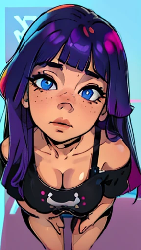 score_9, score_8_up, score_8, medium breasts, (curvy), cute, eyelashes, zzMiko, long hair, purple hair, blunt bangs, multicolored hair, 
yellow shirt, short sleeves, t-shirt, print shirt, off shoulder, animal print, jewelry, purple skirt, blue jacket around waist,  
embedding:zPDXL, Expressiveh, BROKE, 
solo, smile, looking at viewer, aura, blue sky, 
(((lesbian))), 
(((detailed eyes))), (((detailed face))), (((detailed mouth))),  
(((masterpiece, HD, high res))), (((beautiful render art))), (((intricate details))), (full body), (((detailed shading))), 
(((FRECKLES ALL OVER THE BODY, SHINY SKIN)))
(((Squatting))), (((kneeling on floor))), (((HEAD tilted BACK))), (((looking up))), (((From Above))), (((POV top view))),  
(((Directly above angle:1.5))), (((Point slightly upwards))), (((Looking at viewer))), (((staring at viewer))), 
(((eyes squint))), (((black pupils))), 
((firm and lifted breasts)), (((MEDIUM breasts))), (((cleavage))),  
(((hands visibles))), (beautiful hands), (((mouth wide Open))), (((teeths, tongue))), 
(((Close-up of face:1.7))), (((face focus))), (((Bring your face closer:1.4))), (((Move your mouth closer))), 