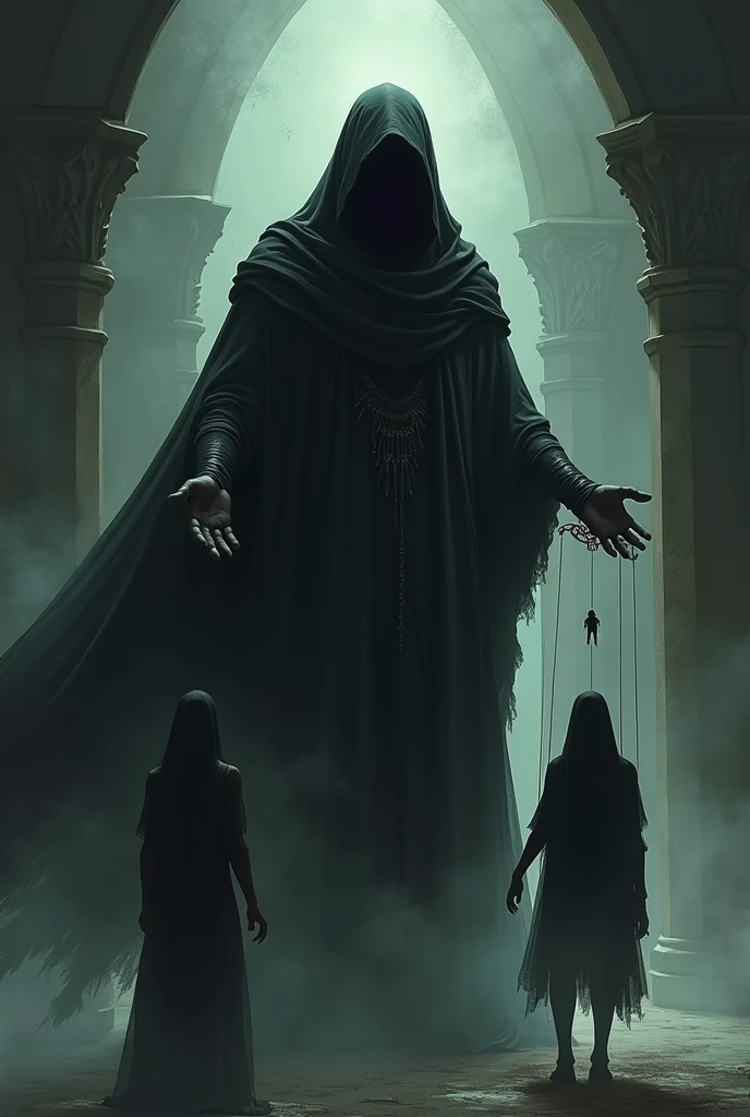 generate an image with a black cloaked Greek god moving a silhouette and a marionette puppet in the dark